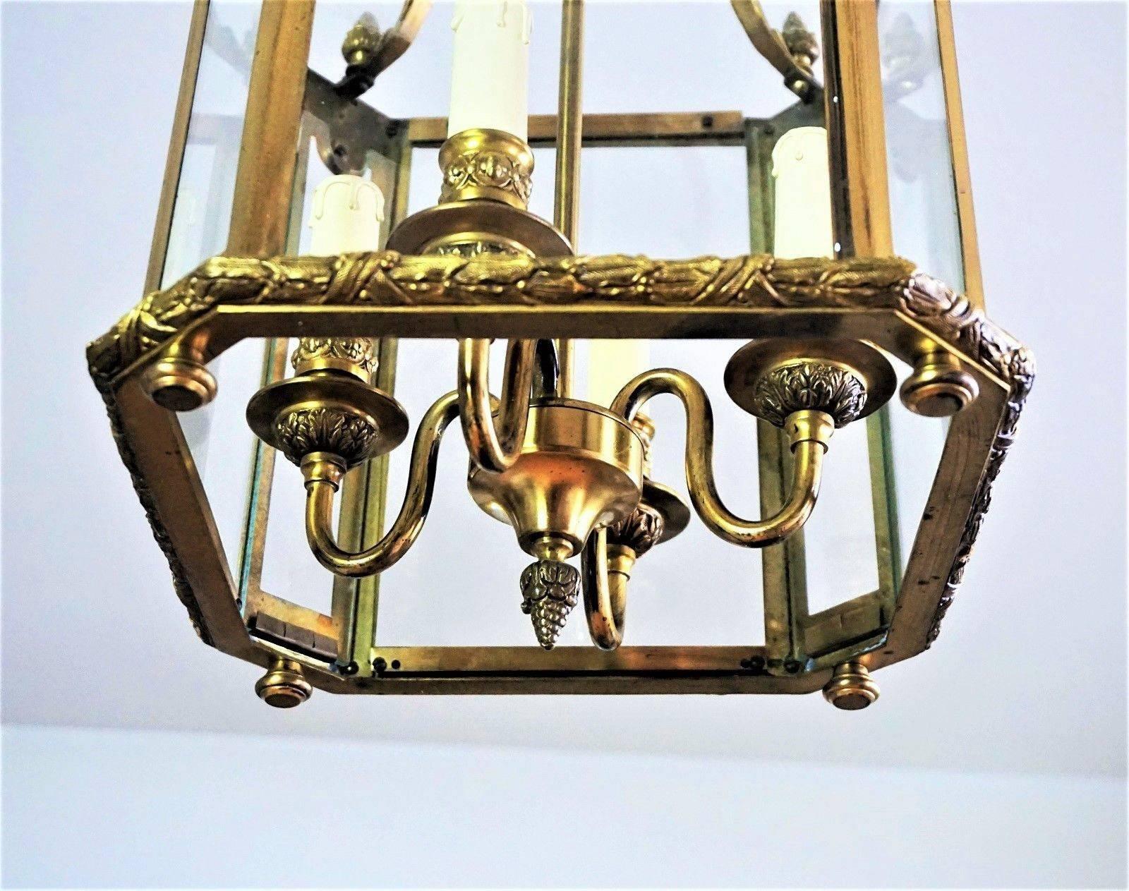 French Art Deco Brass Four Light Lantern Pendant with Bronze Accents, circa 1940 2