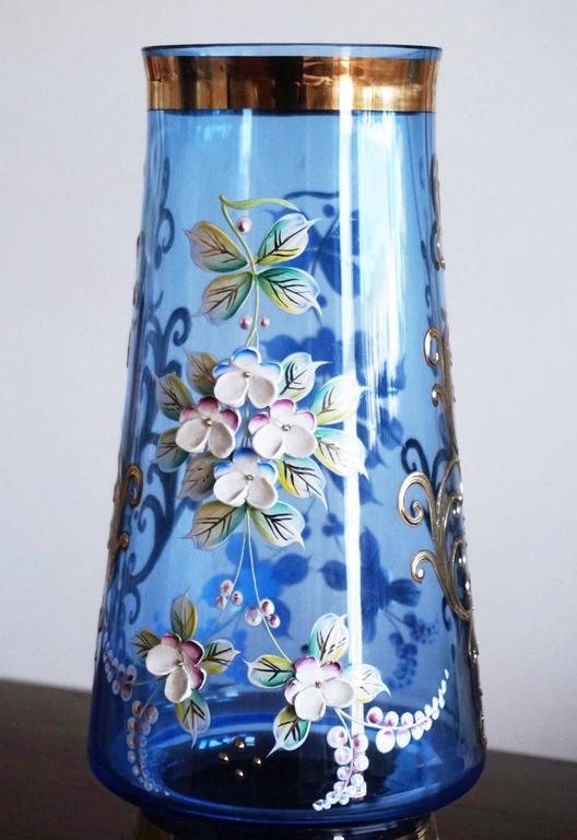 Bohemian Blue Art Glass Vase 22 Karat Gold Gilded Enameled Decor Floral