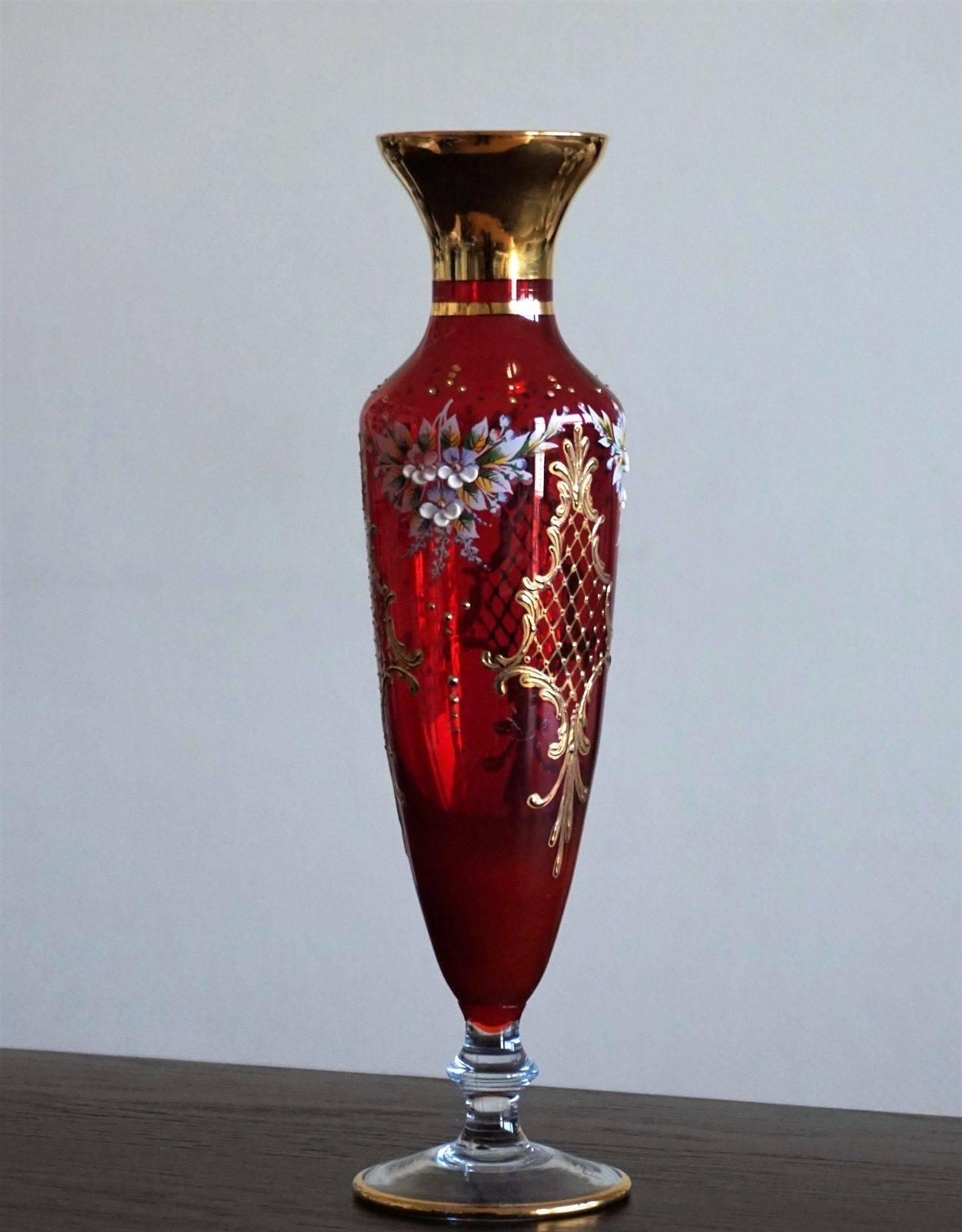 Czech Bohemian Robin Glass Vase 22-Karat Gold Gilted Enameled Decor Floral Motif
