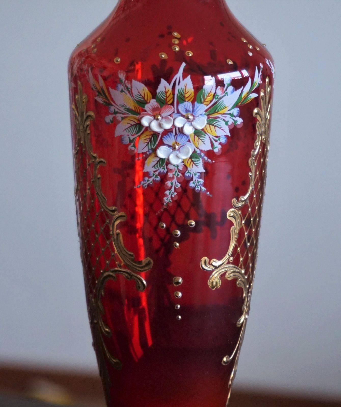 20th Century Bohemian Robin Glass Vase 22-Karat Gold Gilted Enameled Decor Floral Motif