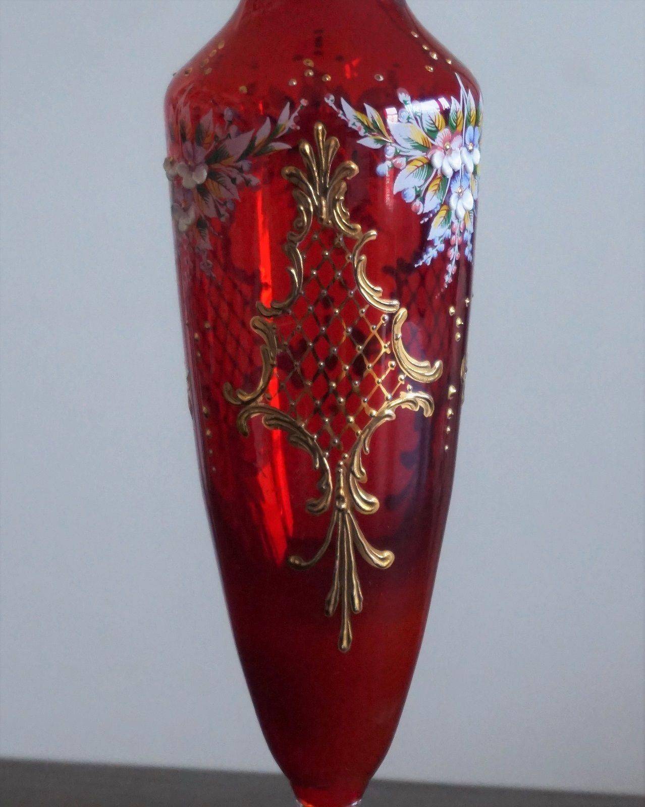 Art Glass Bohemian Robin Glass Vase 22-Karat Gold Gilted Enameled Decor Floral Motif