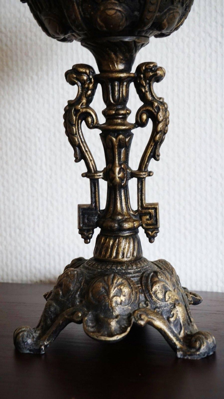 Gothic Revival Late 19th Century Large Cast Bronze Oil Lamp Converted to Electric Table Lamp