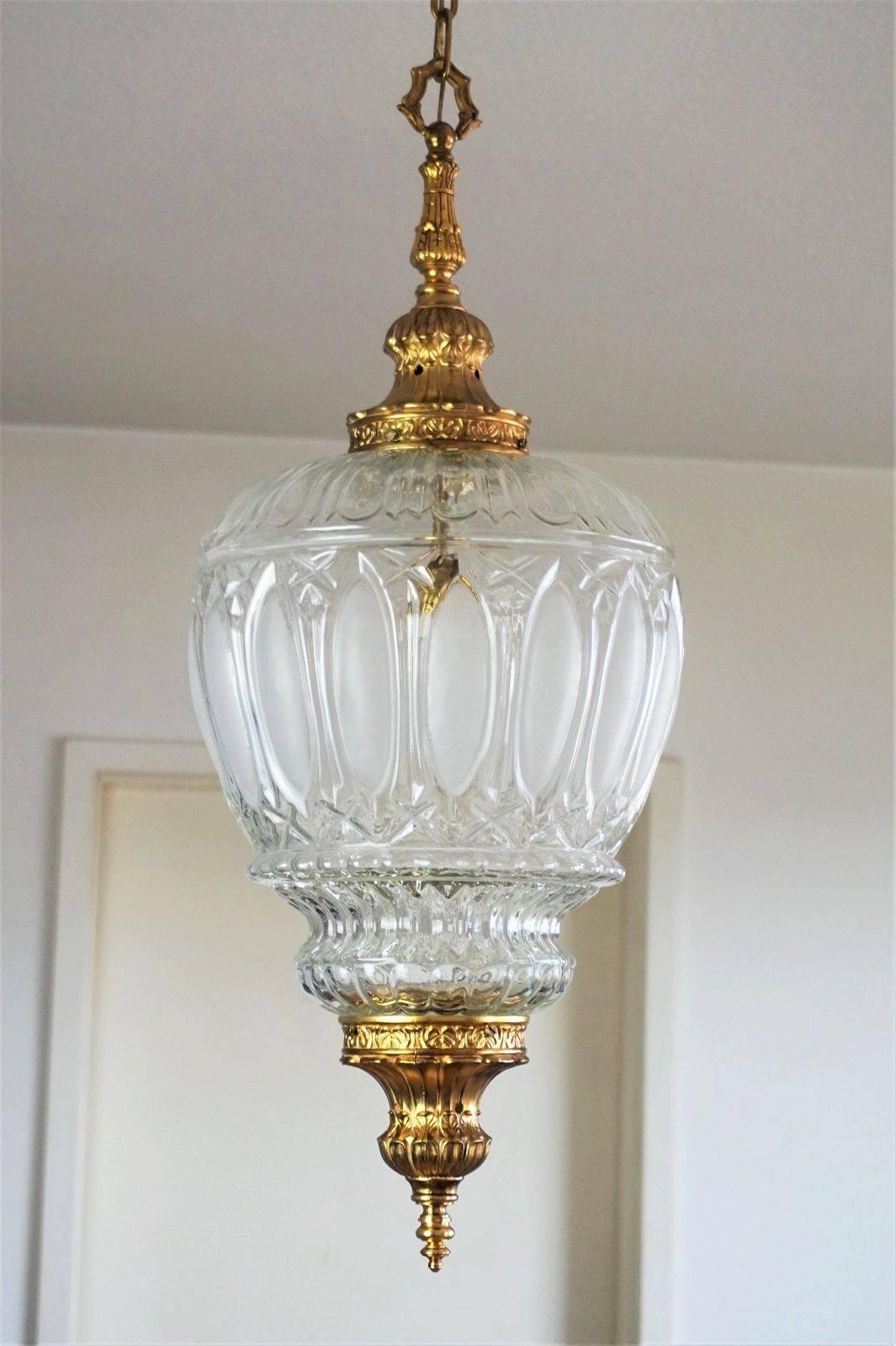 French Art Deco Large Art Glass and Gilt Bronze Lantern Chandelier, circa 1920