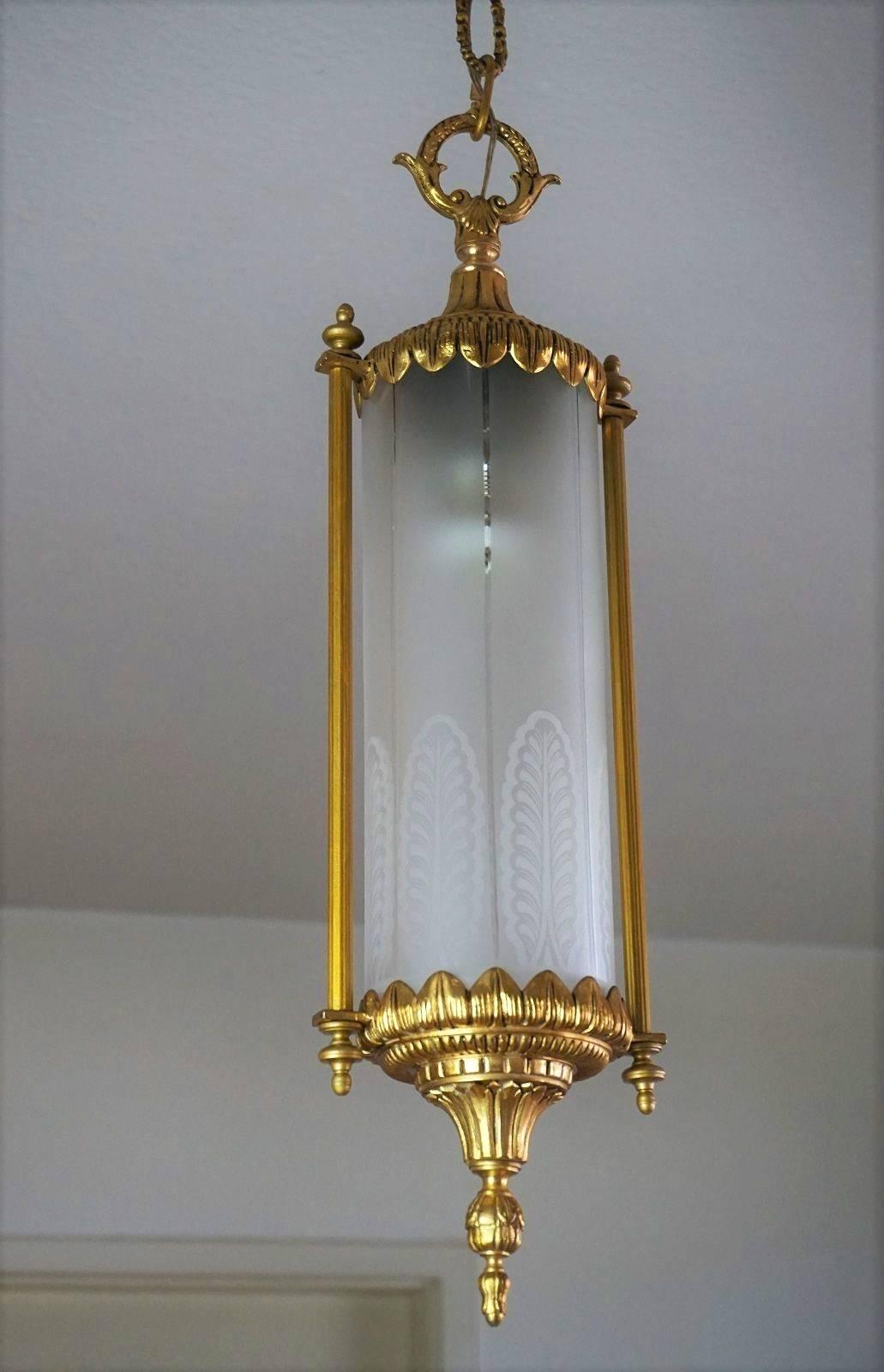 Art Nouveau French Gilt Bronze and Etched Glass Cylinder Lantern Pendant, circa 1940