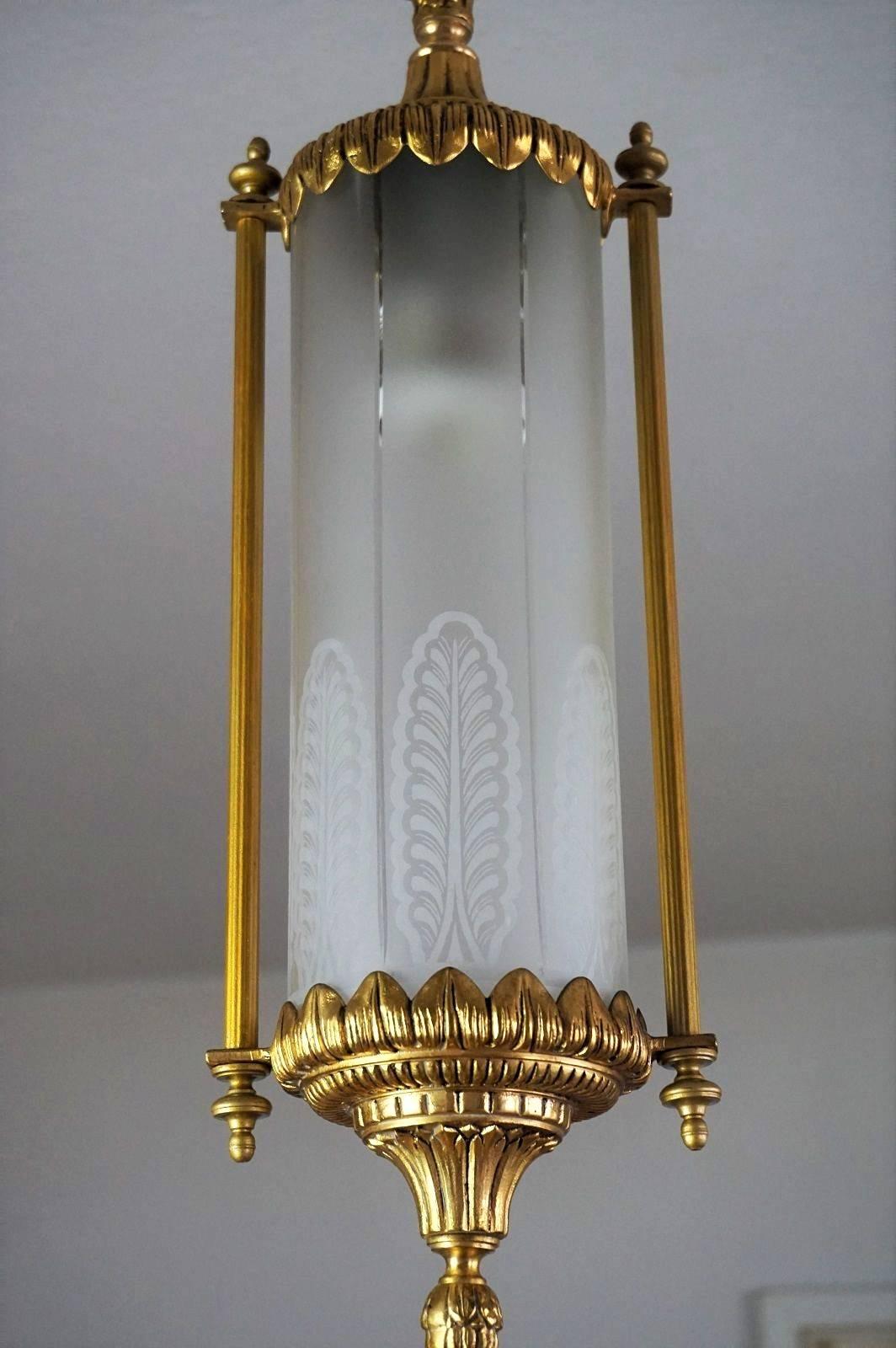 Cast French Gilt Bronze and Etched Glass Cylinder Lantern Pendant, circa 1940