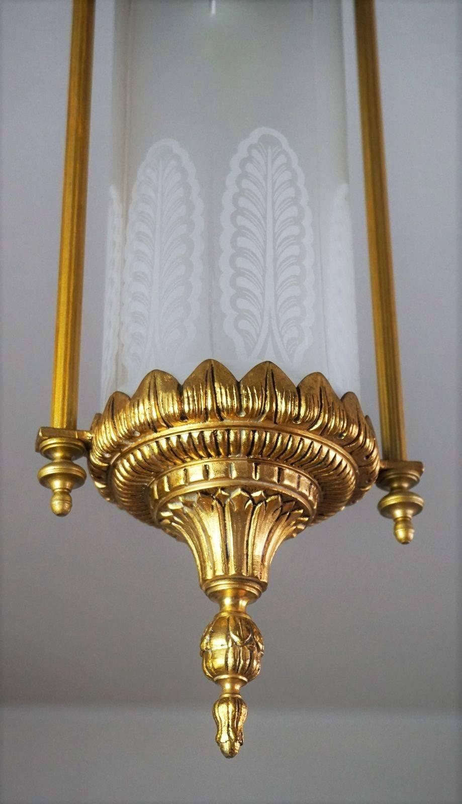 20th Century French Gilt Bronze and Etched Glass Cylinder Lantern Pendant, circa 1940