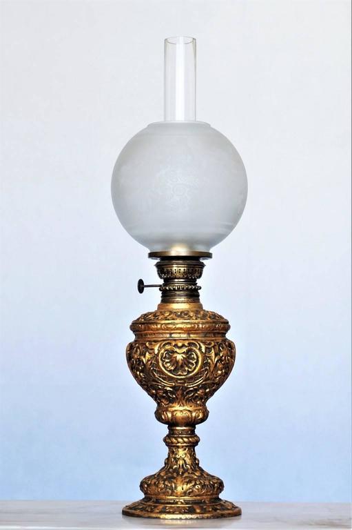 19th Century High Relief Gild Bronze Oil Lamp Converted To Electric 19th Century Gilded Solid High Relief Cast Bronze Oil Lamp Converted To Electric Table