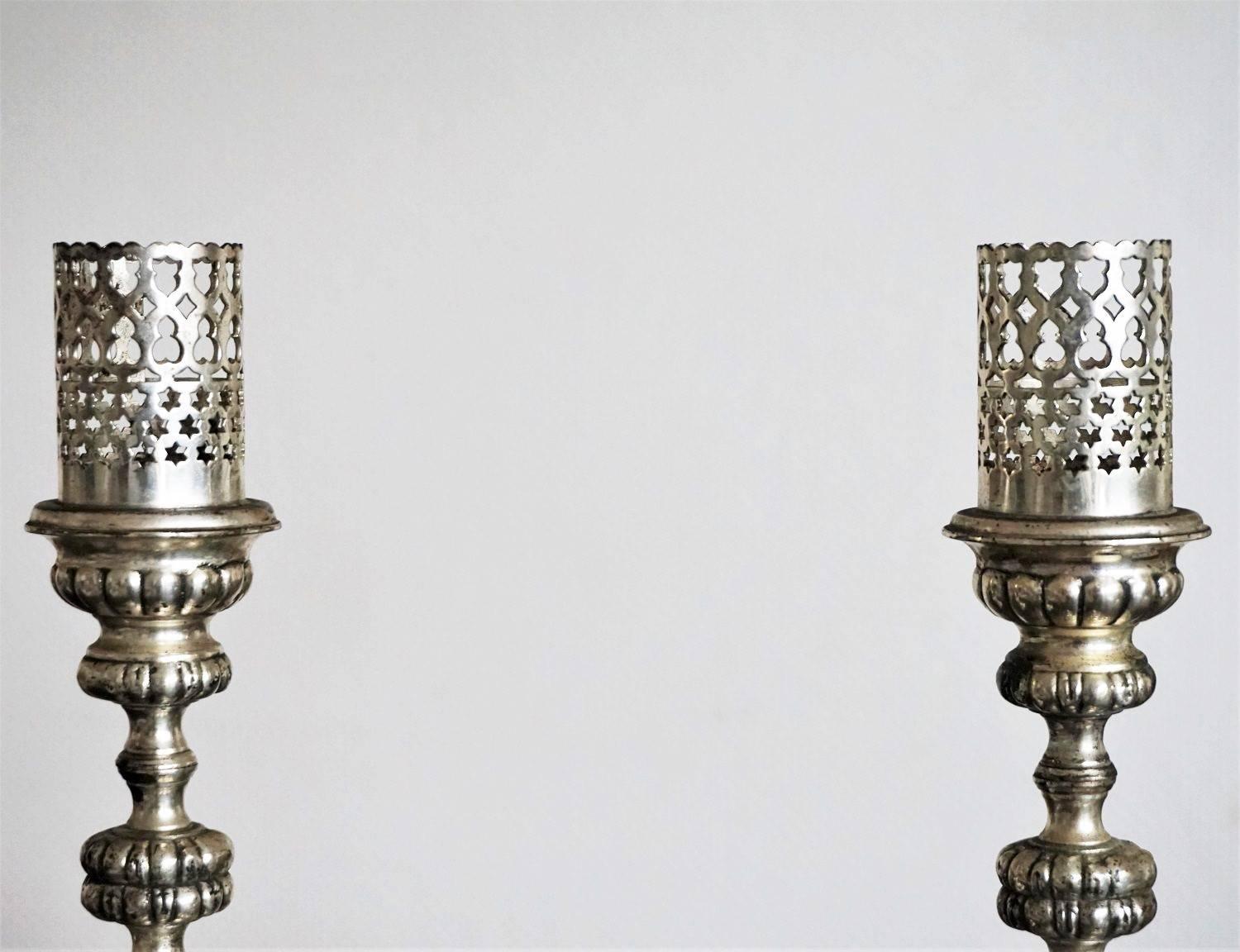 Silvered 19th Century Pair of Silver Plated Candlesticks with Gothic Ornaments Candelabra