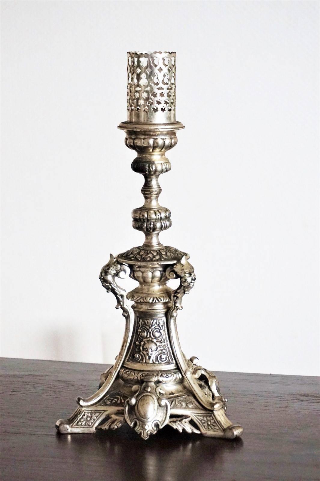 19th Century Pair of Silver Plated Candlesticks with Gothic Ornaments Candelabra In Good Condition In Frankfurt am Main, DE