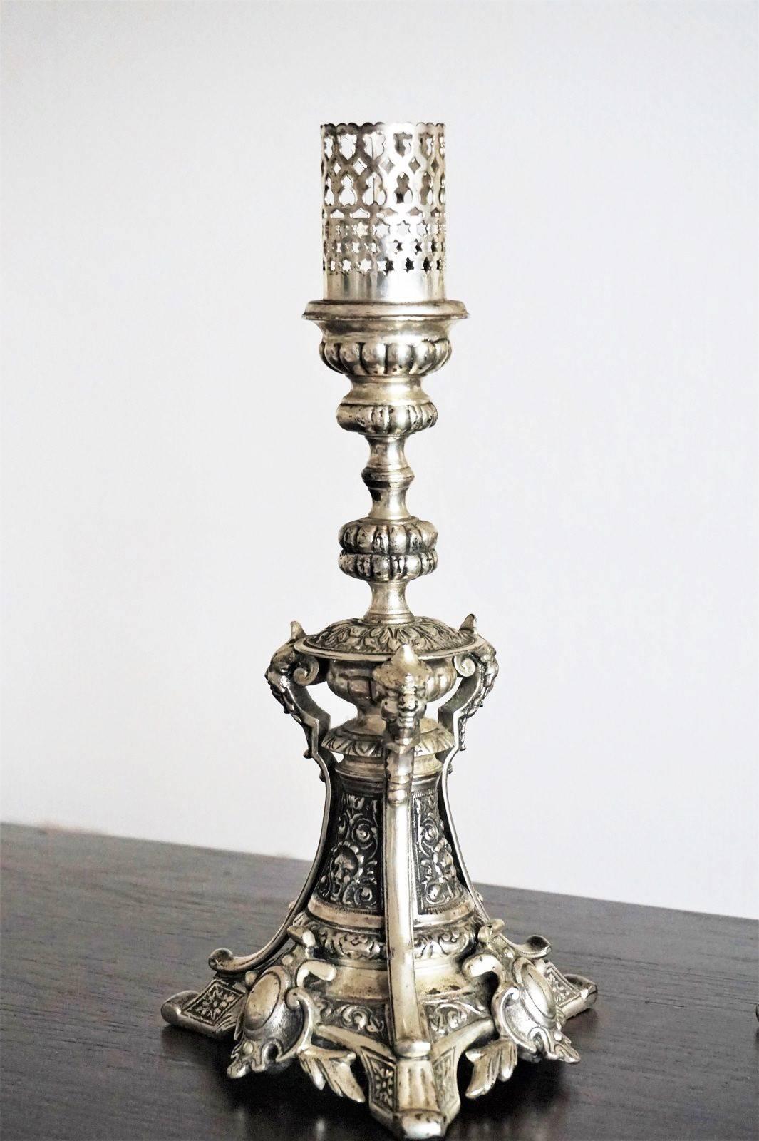 Late 19th Century 19th Century Pair of Silver Plated Candlesticks with Gothic Ornaments Candelabra