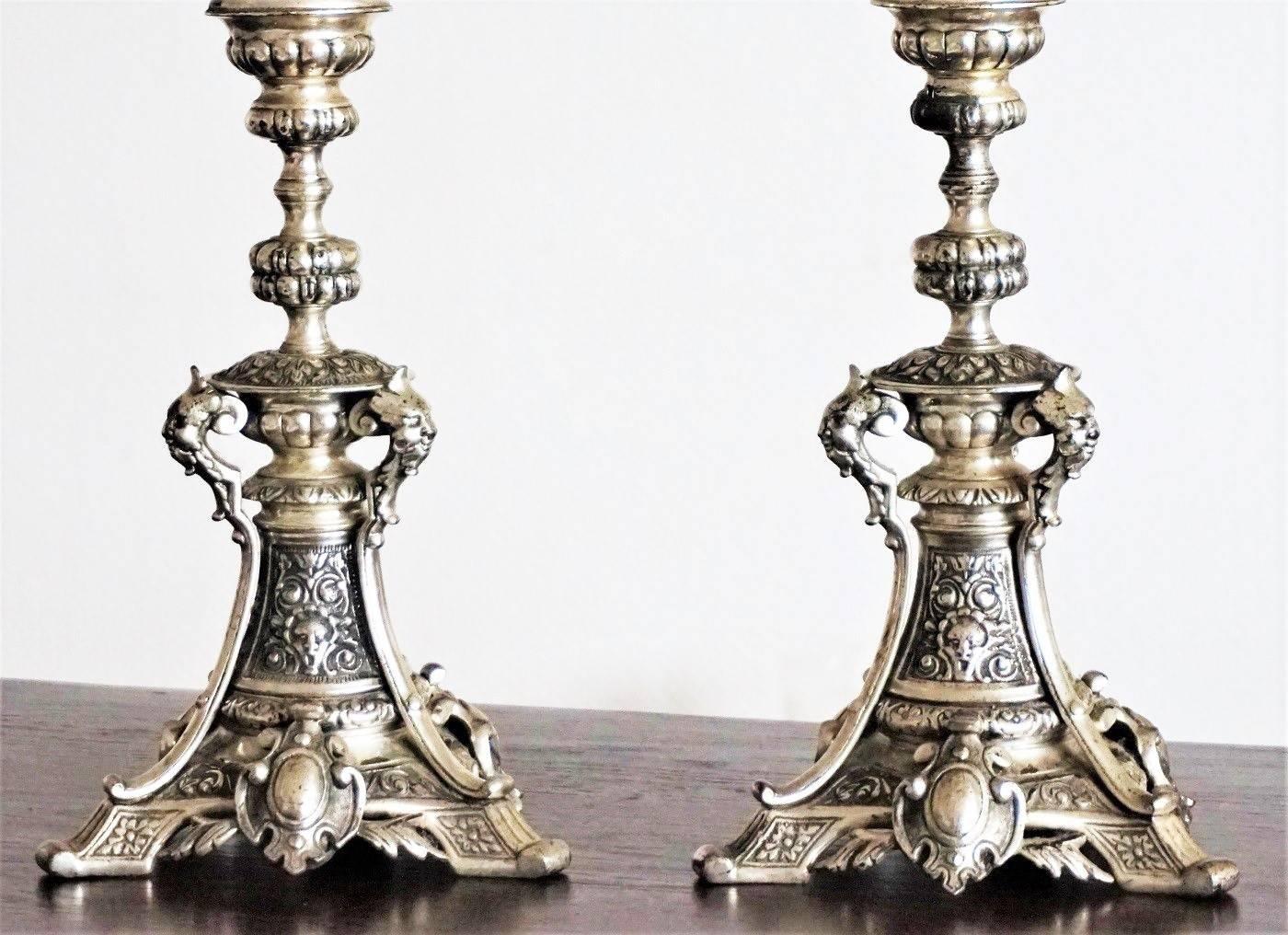 Gothic Revival 19th Century Pair of Silver Plated Candlesticks with Gothic Ornaments Candelabra