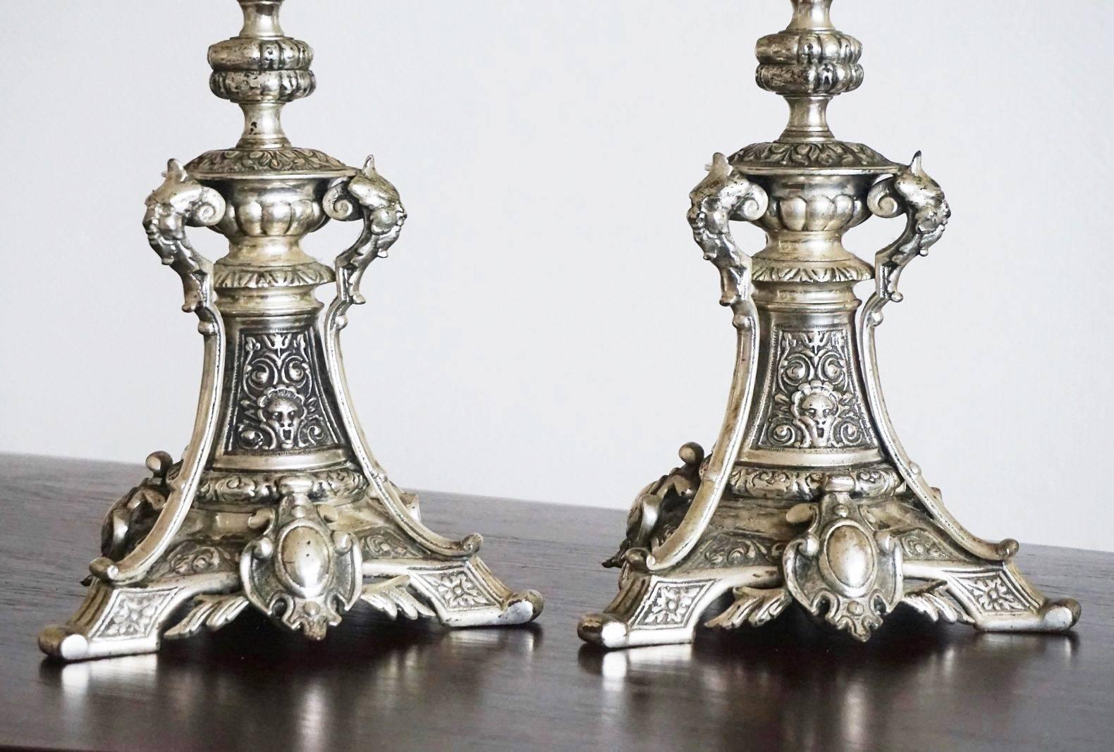 German 19th Century Pair of Silver Plated Candlesticks with Gothic Ornaments Candelabra