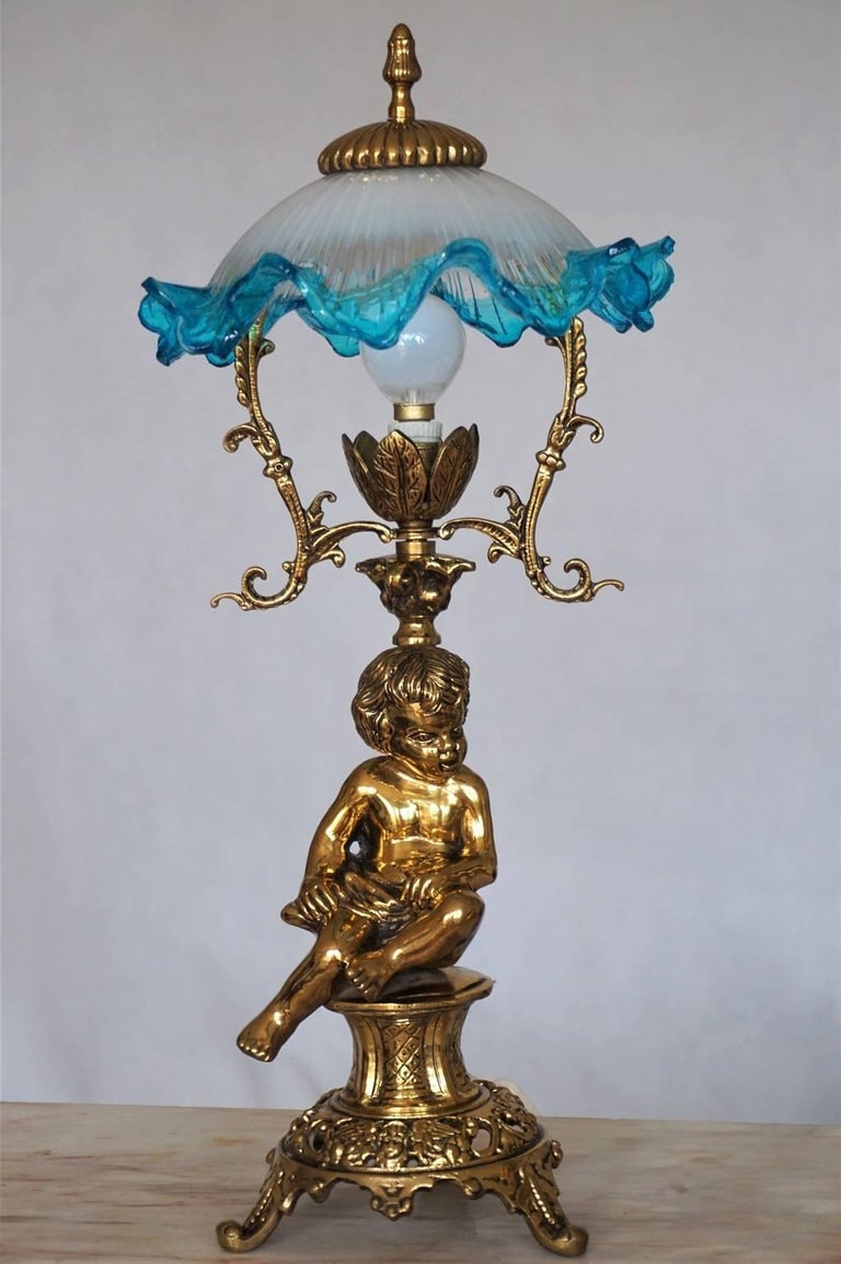 Pair of Solid Brass Cherub Table Lamps Art Nouveau Style, circa 1920 at