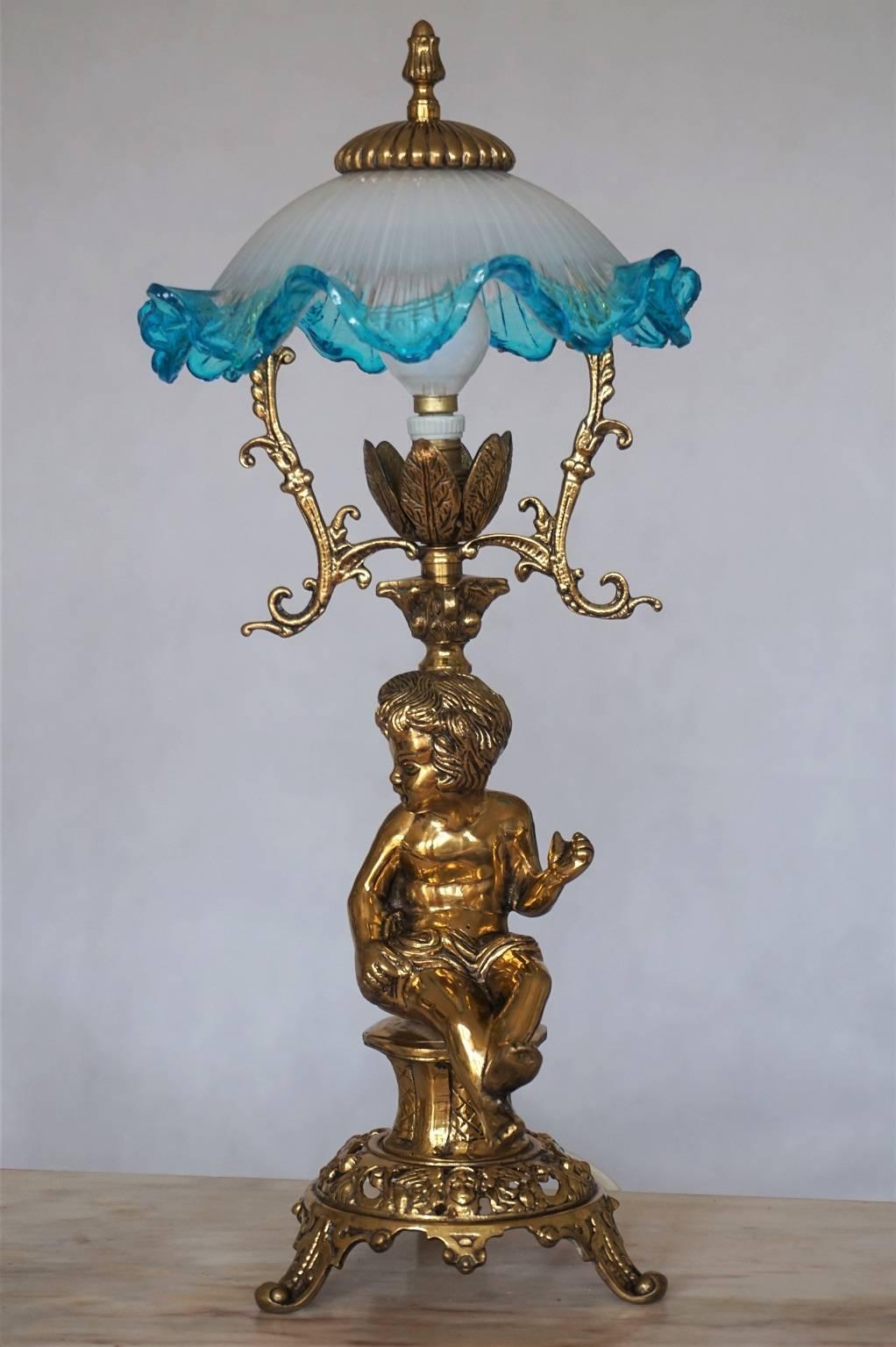 French Pair of Solid Brass Cherub Table Lamps Art Nouveau Style, circa 1920