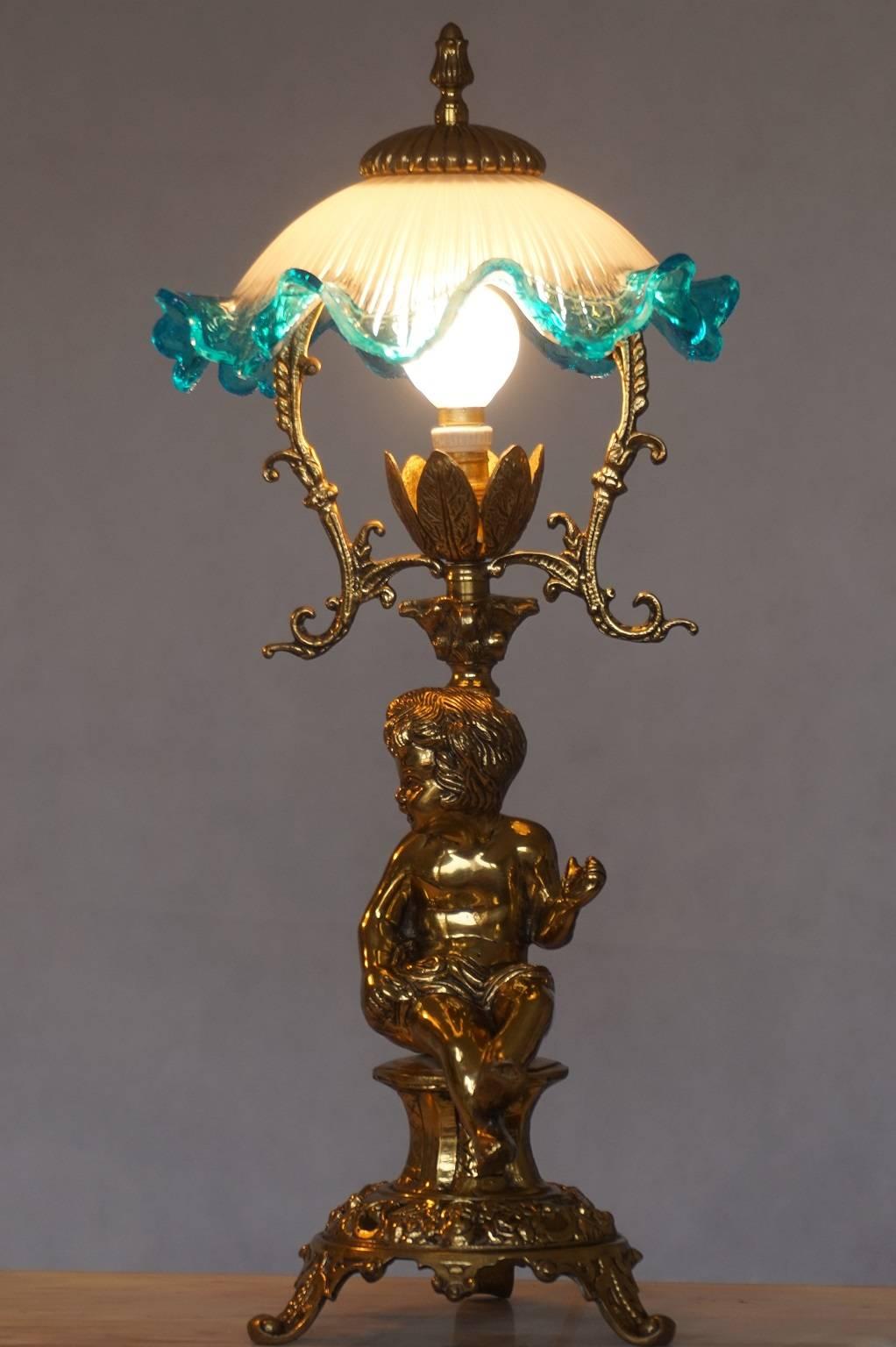 Pair of Solid Brass Cherub Table Lamps Art Nouveau Style, circa 1920 2