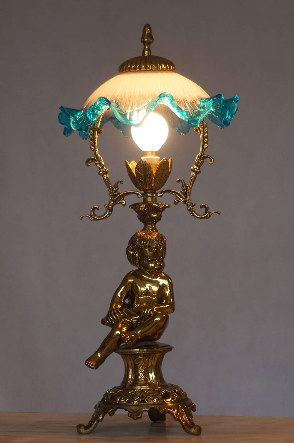 Pair of Solid Brass Cherub Table Lamps Art Nouveau Style, circa 1920 1