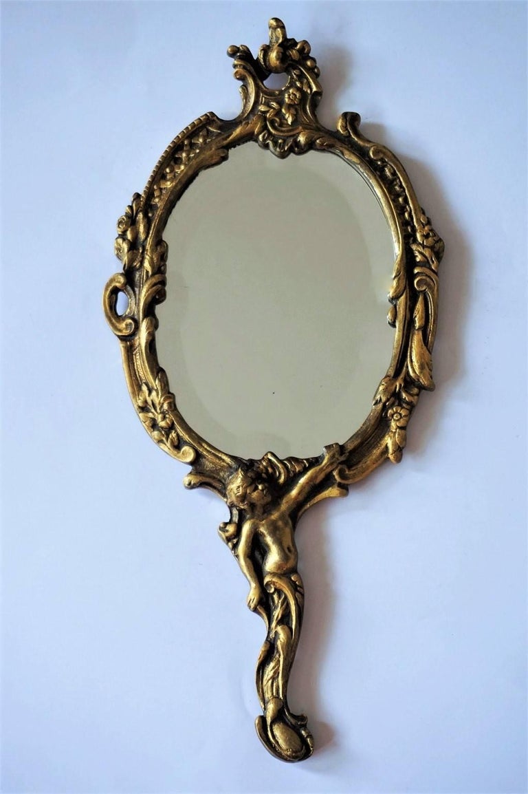 19th Century French Art Nouveau Gilt Bronze Hand Mirror Faceted