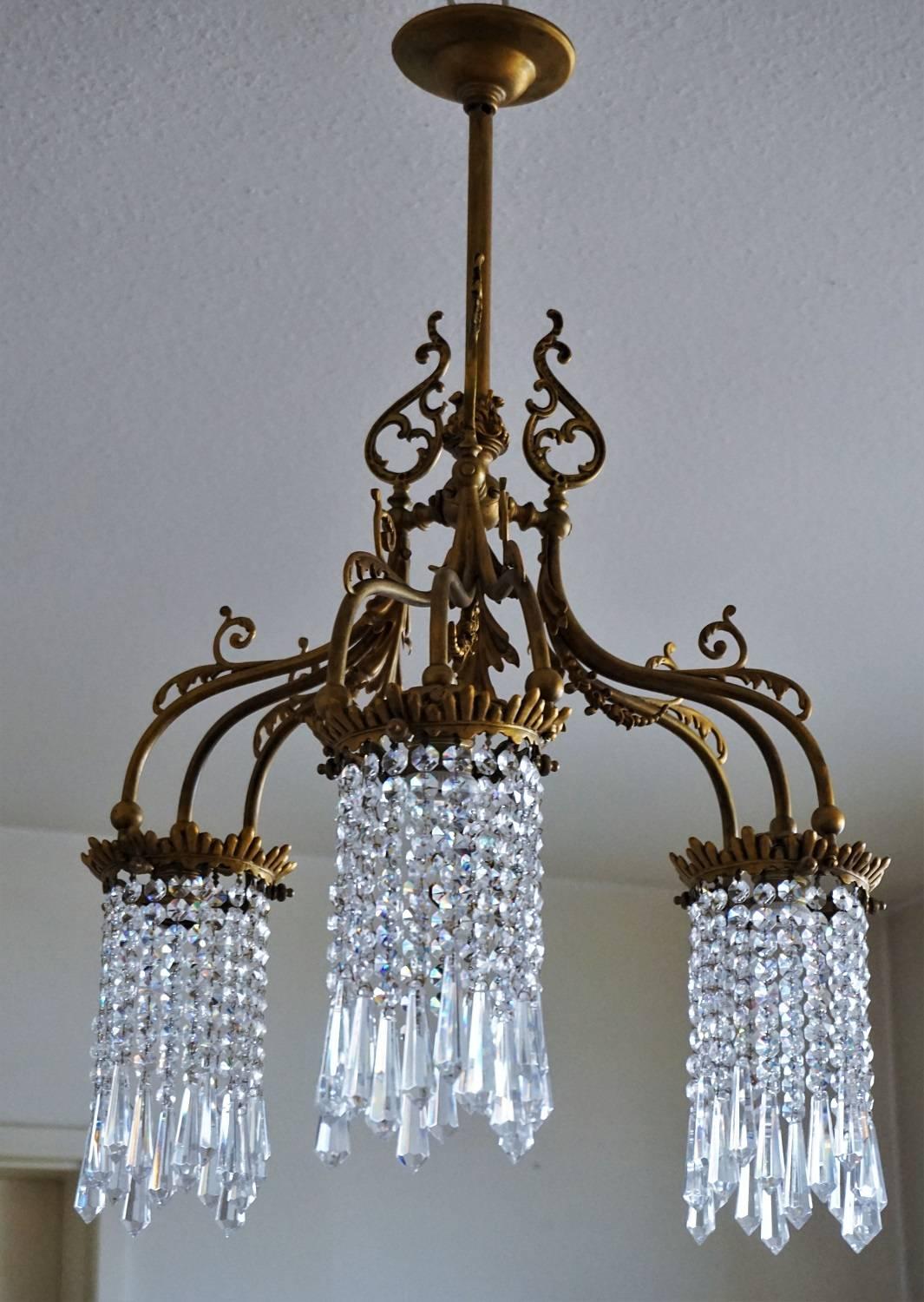 French Art Nouveau Style Bronze Crystal Chandelier