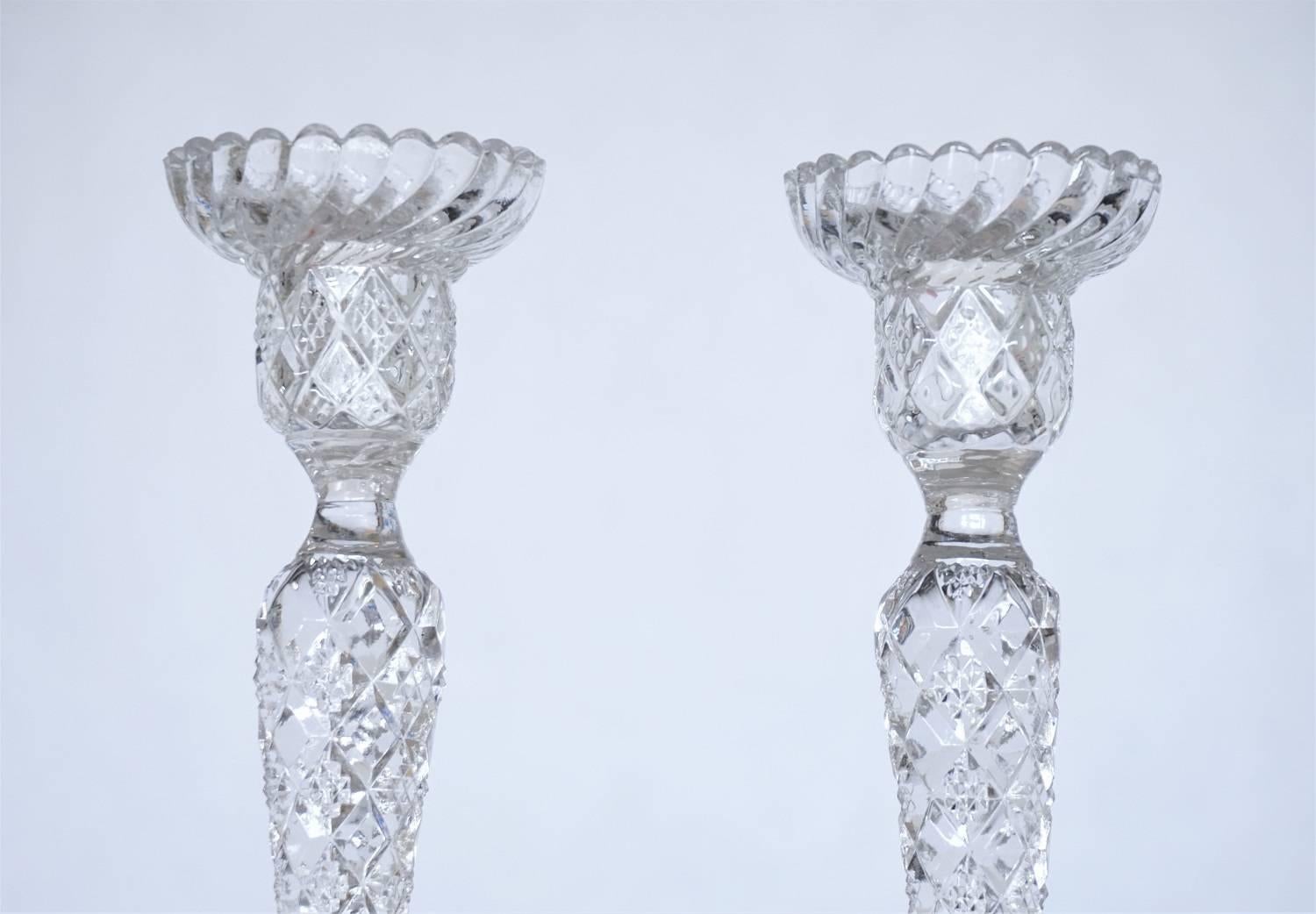 Molded Antique German Pair of Meisenthal Crystal Candlesticks Candleholders, circa 1907