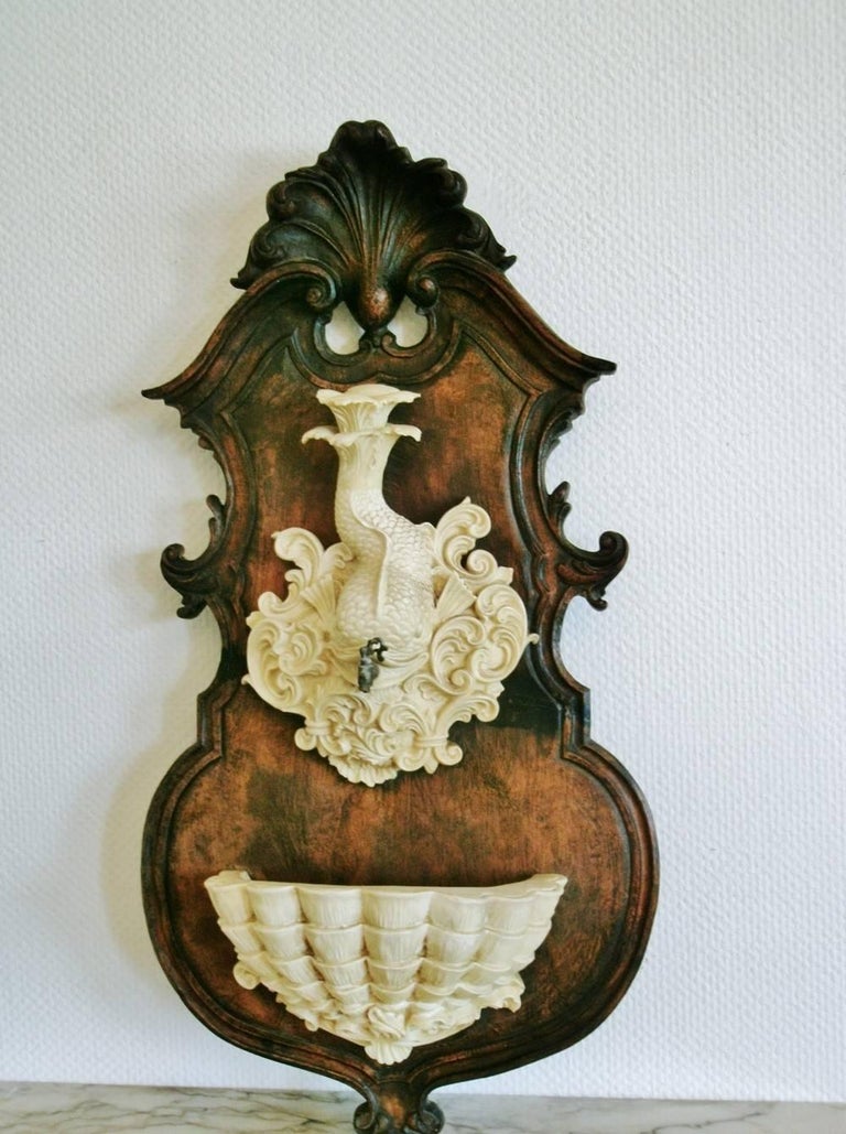 Wall Fountain Dolphin and Shell Sculpture on Carved Oak Panel For Sale