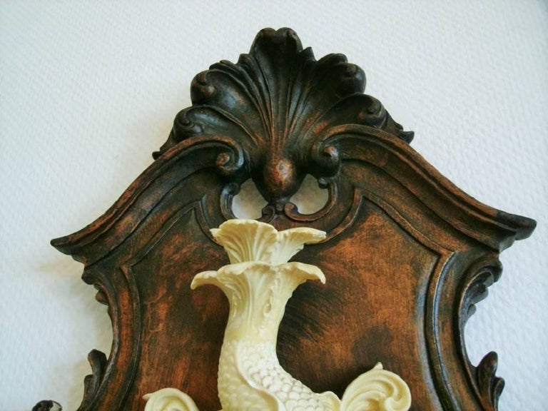 Wall Fountain Dolphin and Shell Sculpture on Carved Oak Panel For Sale