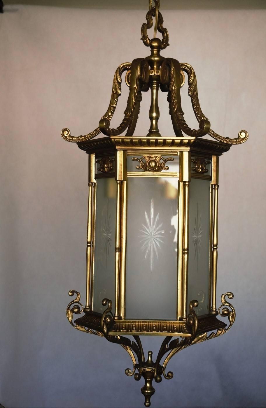 French Large 19th Century Regency Style Bronze and Cut Glass  Lantern