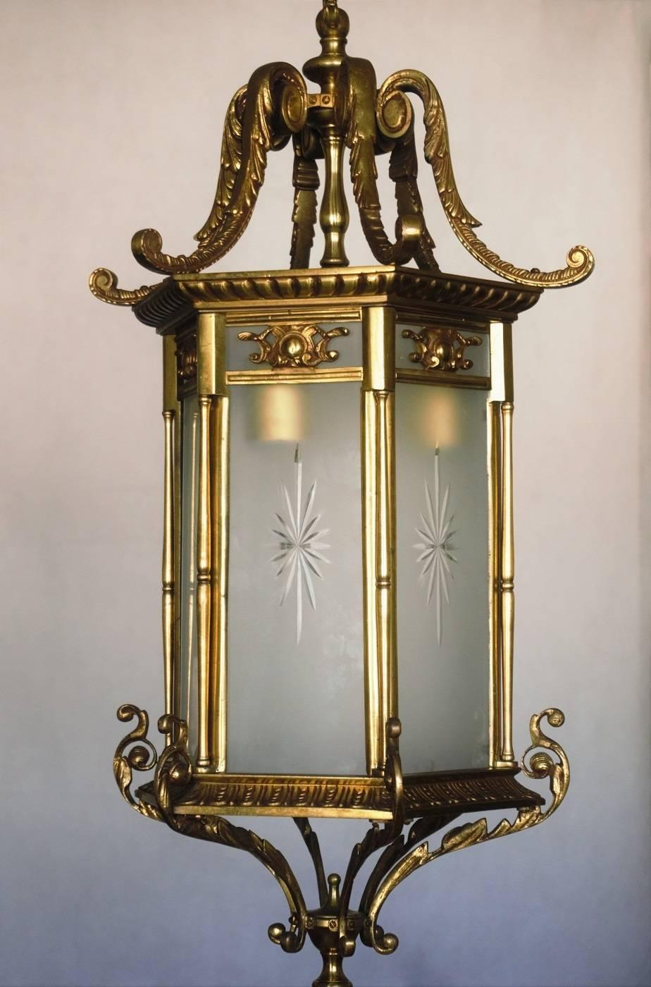 Frosted Large 19th Century Regency Style Bronze and Cut Glass  Lantern