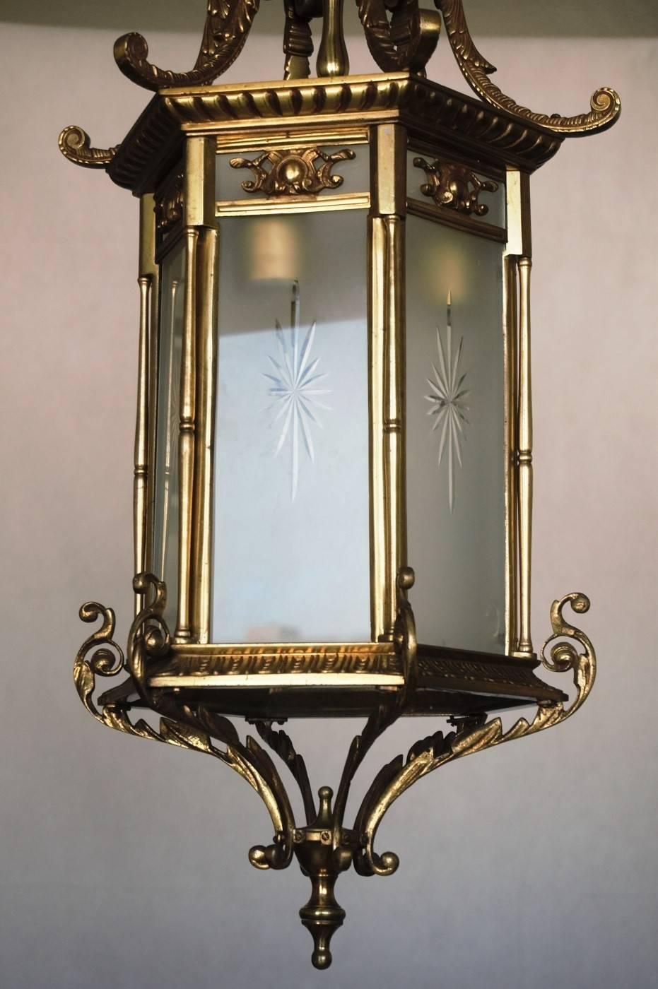 Brass Large 19th Century Regency Style Bronze and Cut Glass  Lantern