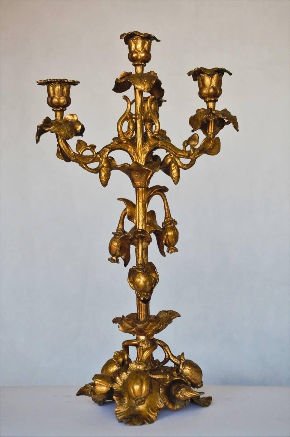 Mid-19th Century Pair of French Gilt Bronze Four-Light Candelabras Rococo Style 1