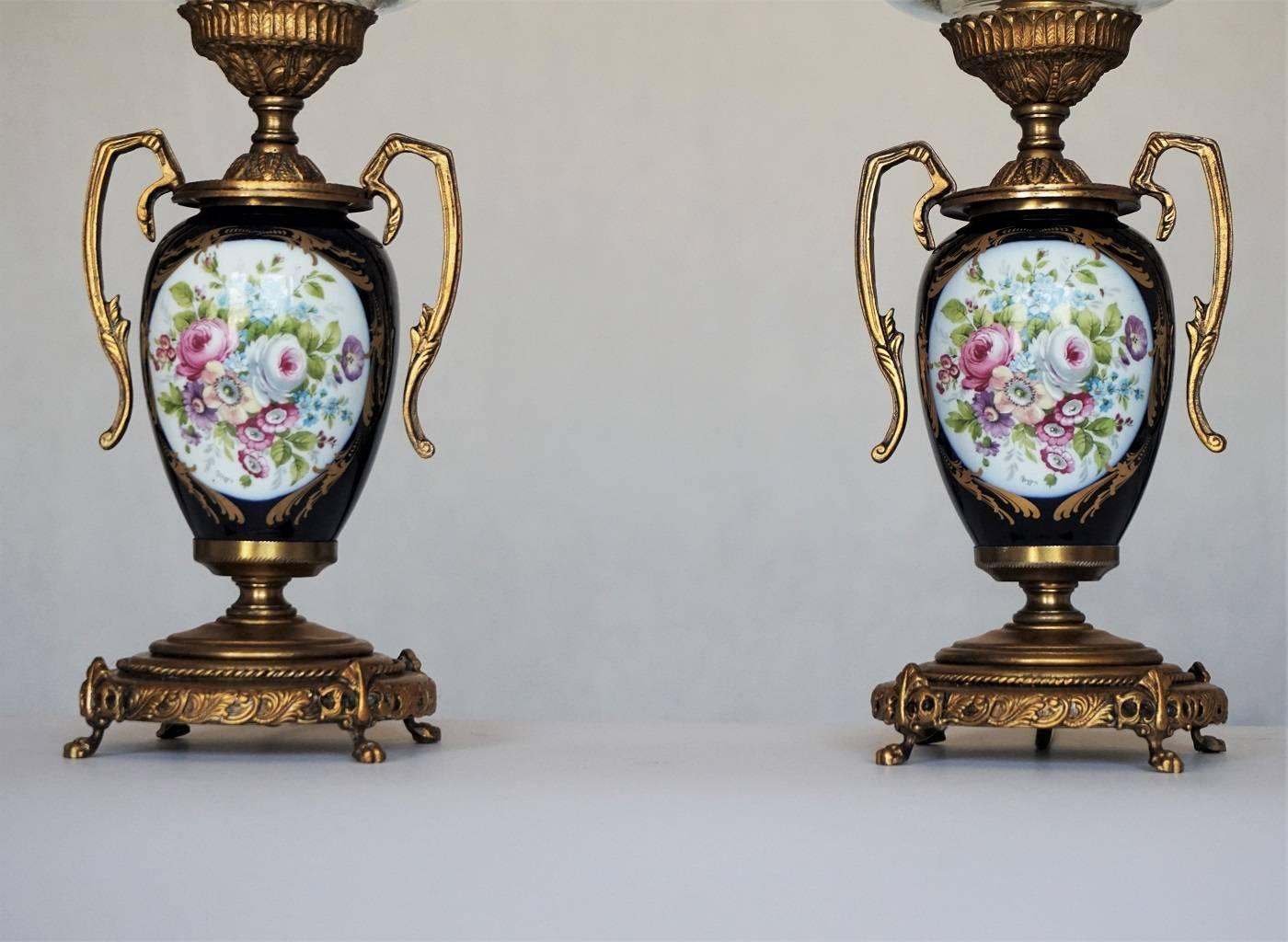 Art Nouveau Pair of Vintage Cobalt Blue Ace Decor De Paris Porcelain Vase Table Lamps