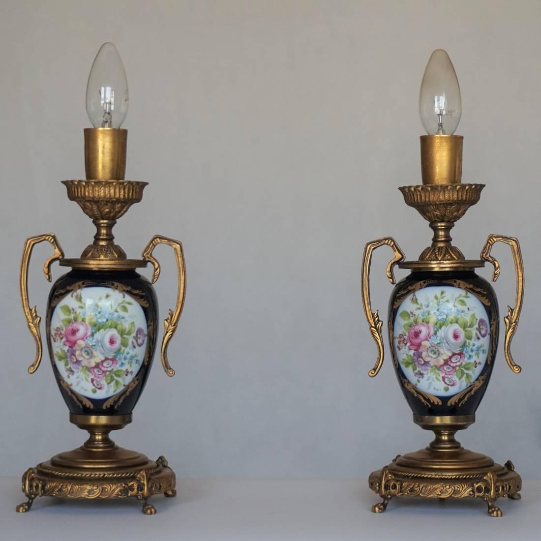 Glass Pair of Vintage Cobalt Blue Ace Decor De Paris Porcelain Vase Table Lamps
