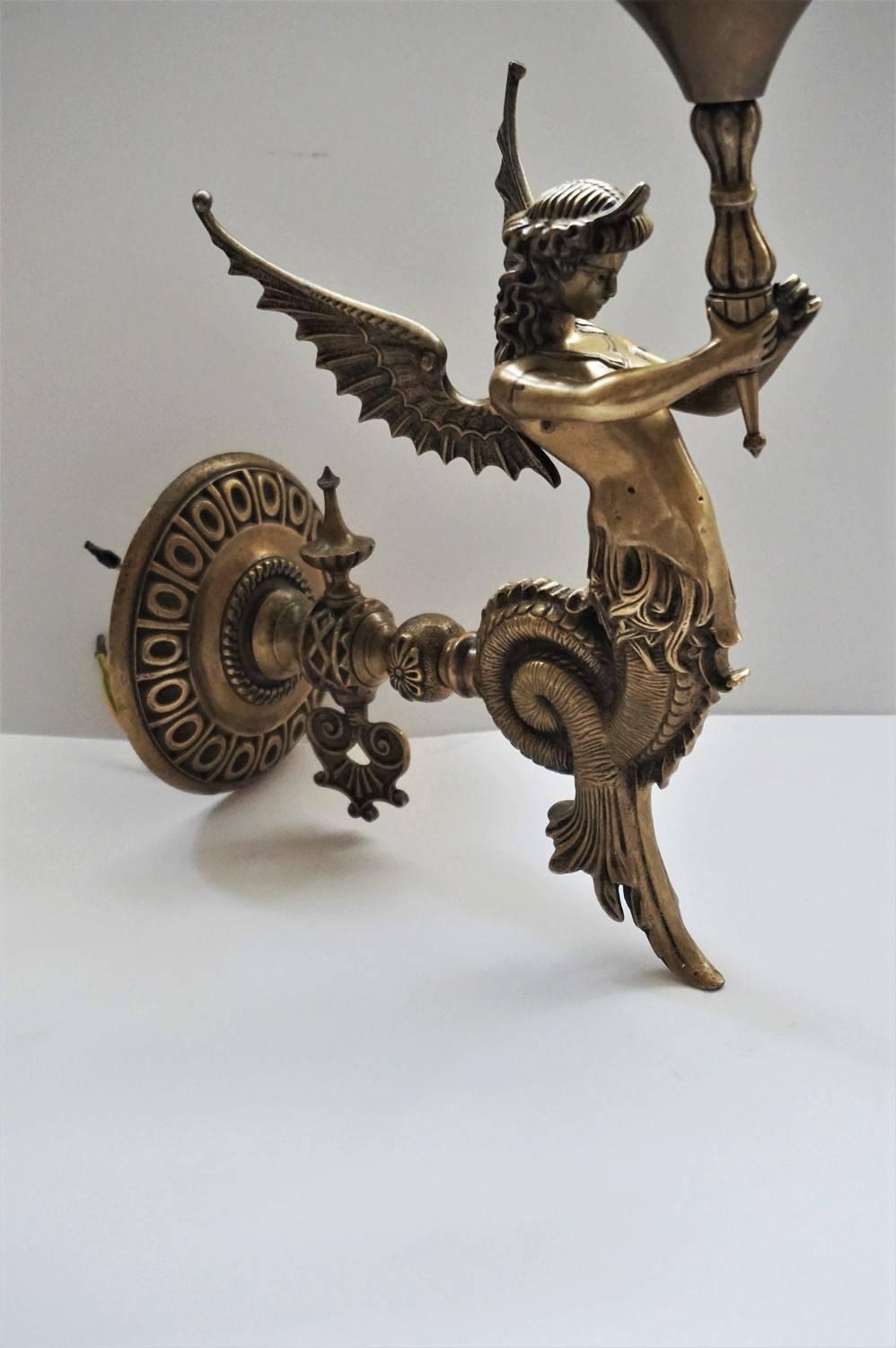 French Late 19th Century Empire Style Bronze Winged Figural Wall Sconce, Candelabra
