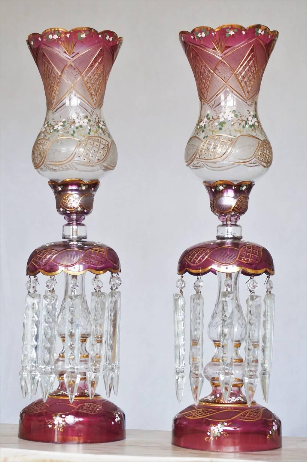 Cut Glass Pair of Bohemian Cranberry Cut-Glass Hand-Painted Lustres Lamps, circa 1920