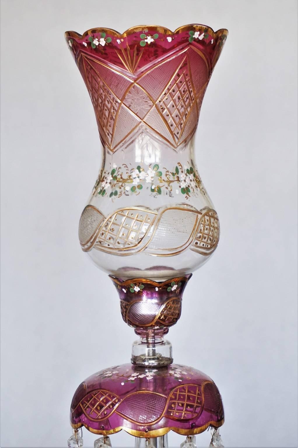 Early 20th Century Pair of Bohemian Cranberry Cut-Glass Hand-Painted Lustres Lamps, circa 1920
