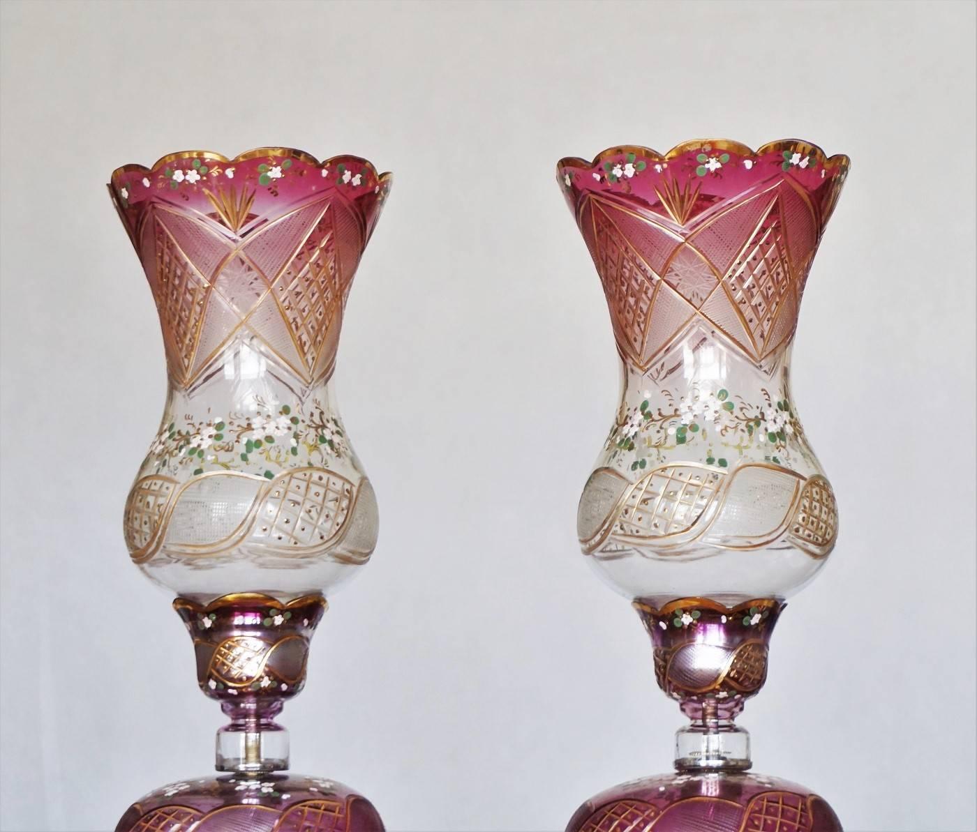 Art Nouveau Pair of Bohemian Cranberry Cut-Glass Hand-Painted Lustres Lamps, circa 1920