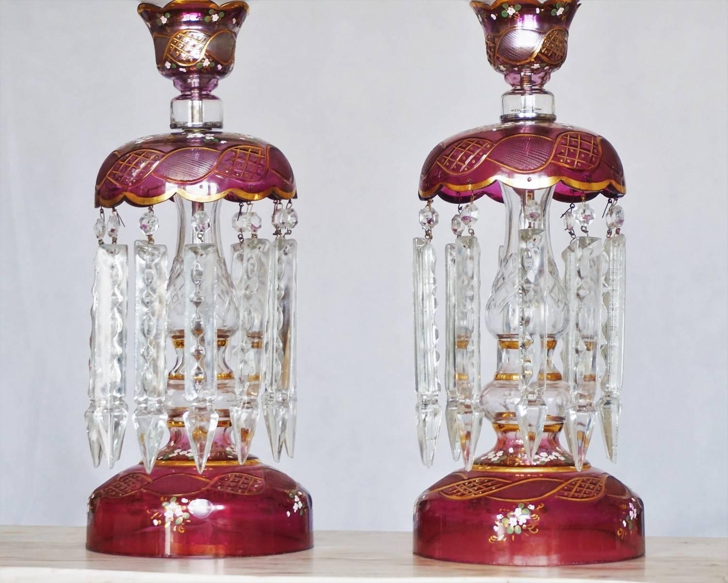 Czech Pair of Bohemian Cranberry Cut-Glass Hand-Painted Lustres Lamps, circa 1920