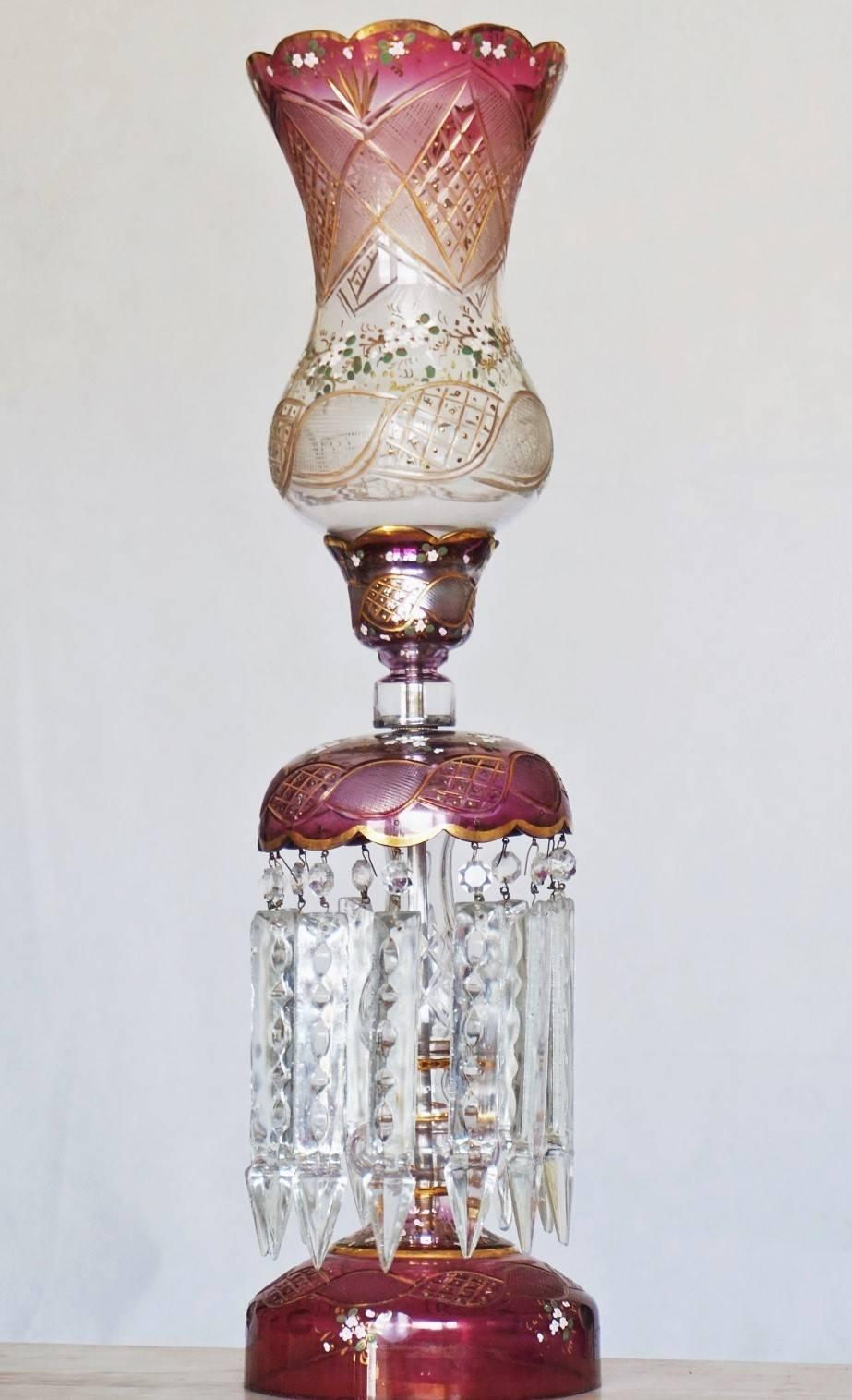 Pair of Bohemian Cranberry Cut-Glass Hand-Painted Lustres Lamps, circa 1920 In Good Condition In Frankfurt am Main, DE