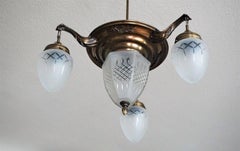 Mid-Century Brass Four-Light Chandelier Pendant with Cut Glass Globes
