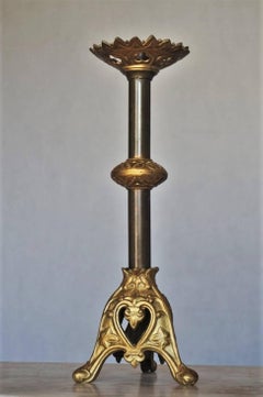 Antique Gothic Revival Gilt Bronze Church Candelabra, Altar Candlestick
