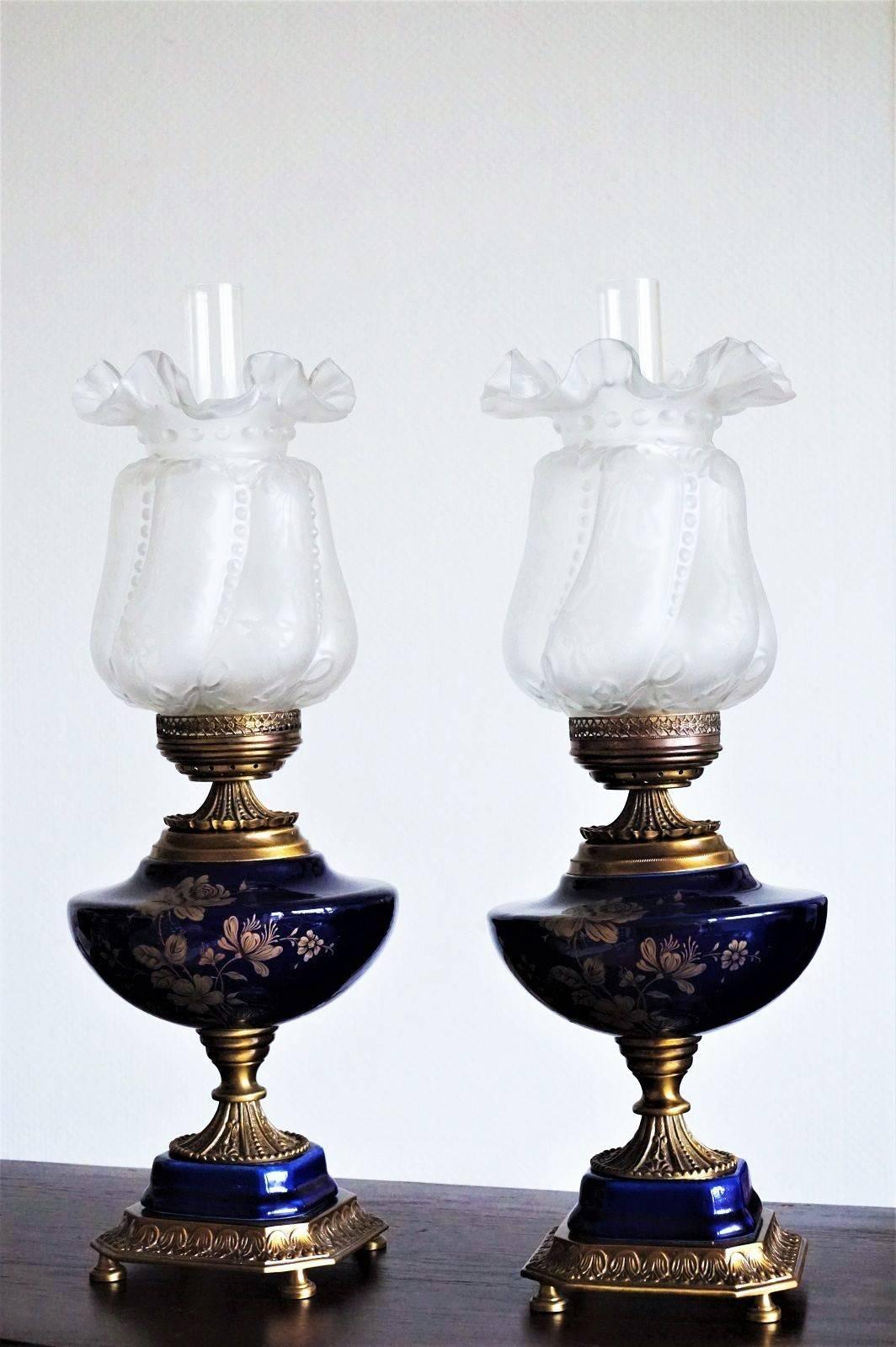 Art Nouveau Midcentury Pair of Italian Cobalt Blue Porcelain Vase Table Lamps