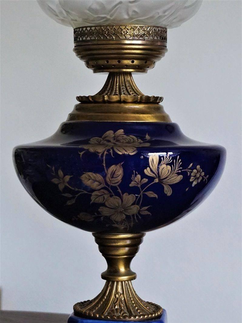 Brass Midcentury Pair of Italian Cobalt Blue Porcelain Vase Table Lamps