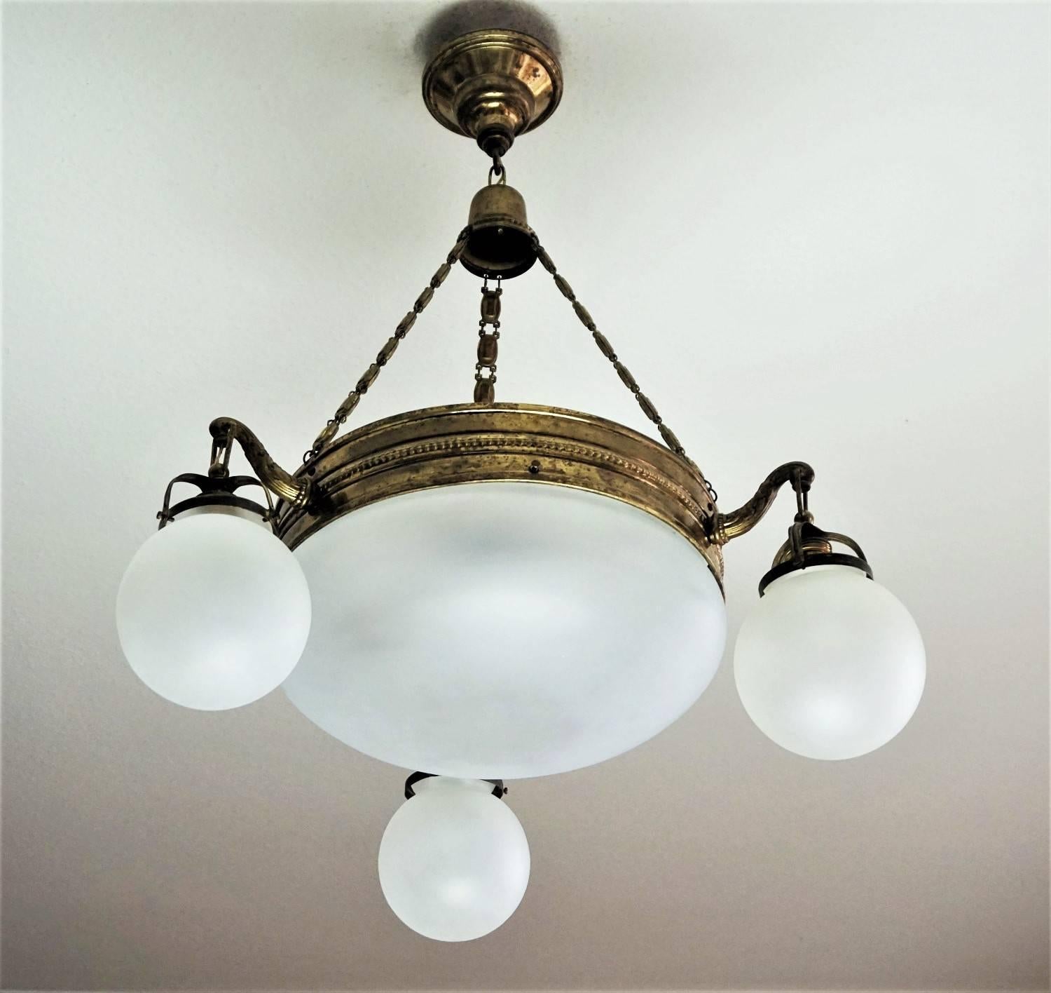 Art Deco Brass and Frosted Glass Four-Light Chandelier in Original Condition 2