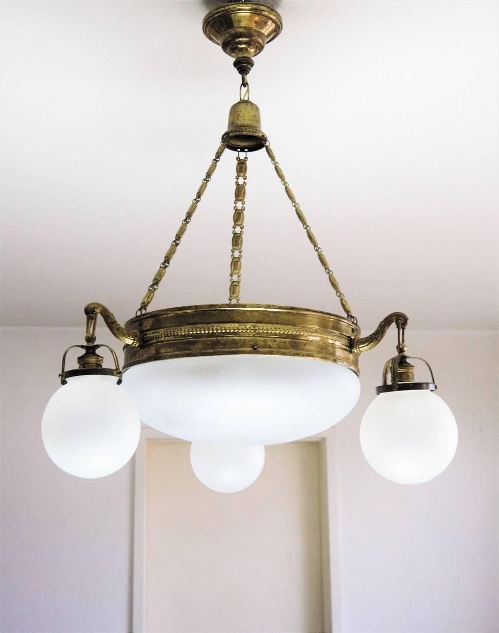 Italian Art Deco Brass and Frosted Glass Four-Light Chandelier in Original Condition