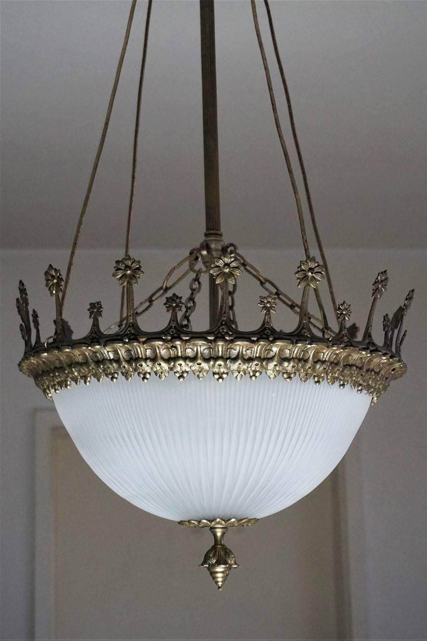 Frosted Spanish Art Deco Bronze Cut Glass Chandelier or Lantern, ca. 1920 - 1930