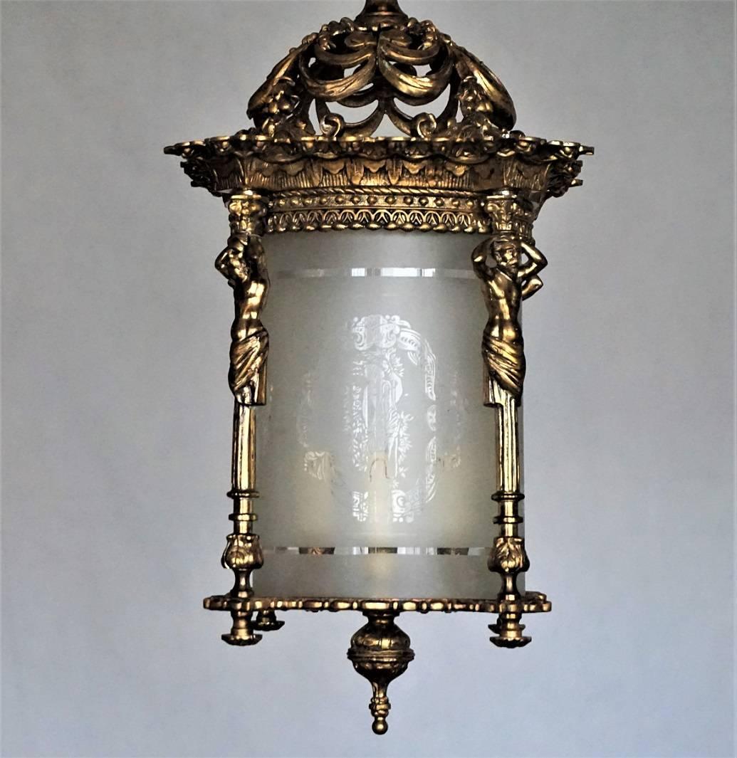 Large French Empire Style Fire-Gilded Bronze Four-Light Lantern, Chandelier In Good Condition In Frankfurt am Main, DE