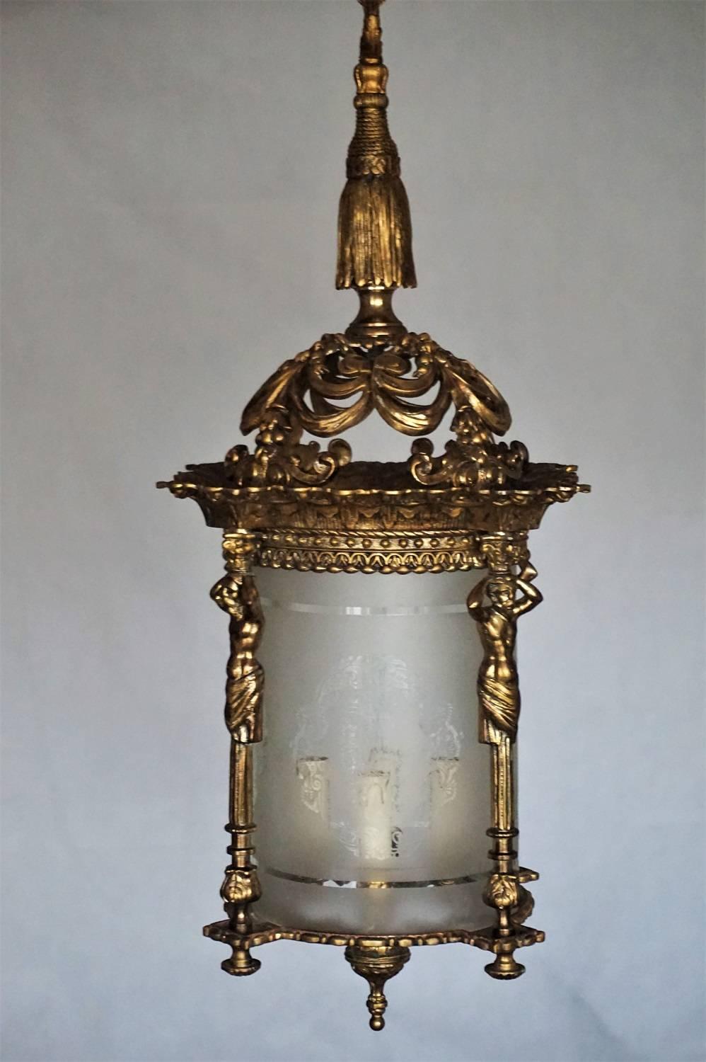 Etched Large French Empire Style Fire-Gilded Bronze Four-Light Lantern, Chandelier