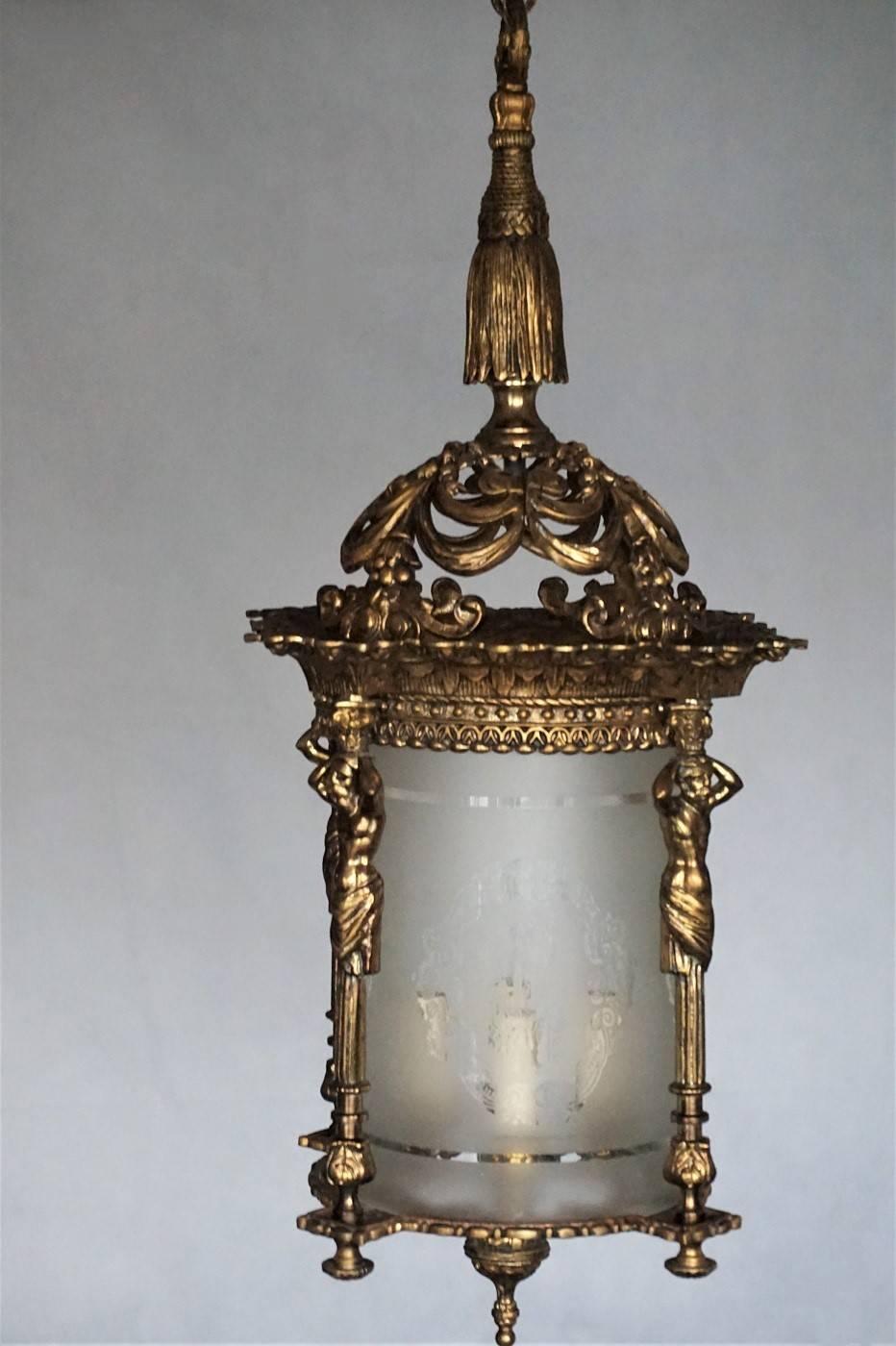 Large French Empire Style Fire-Gilded Bronze Four-Light Lantern, Chandelier 3