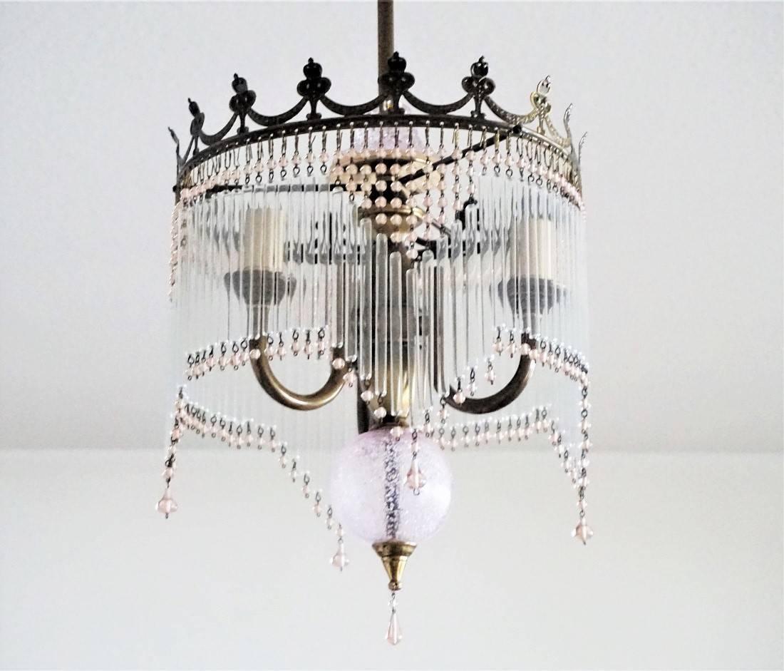Art Nouveau Mid-20th Century French Vintage Three-Light Chandelier with Glass Rods