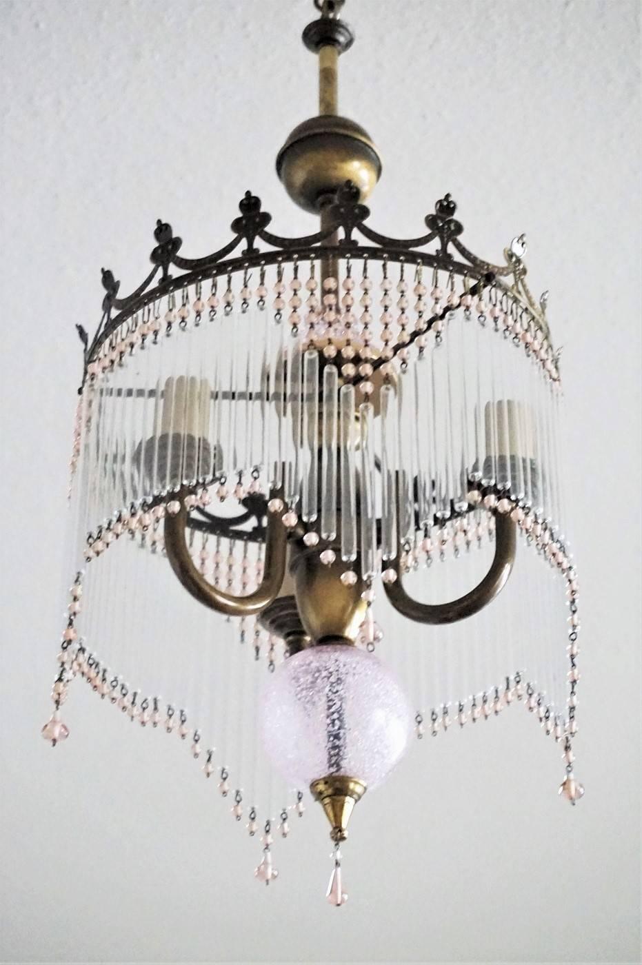 Burnished Mid-20th Century French Vintage Three-Light Chandelier with Glass Rods