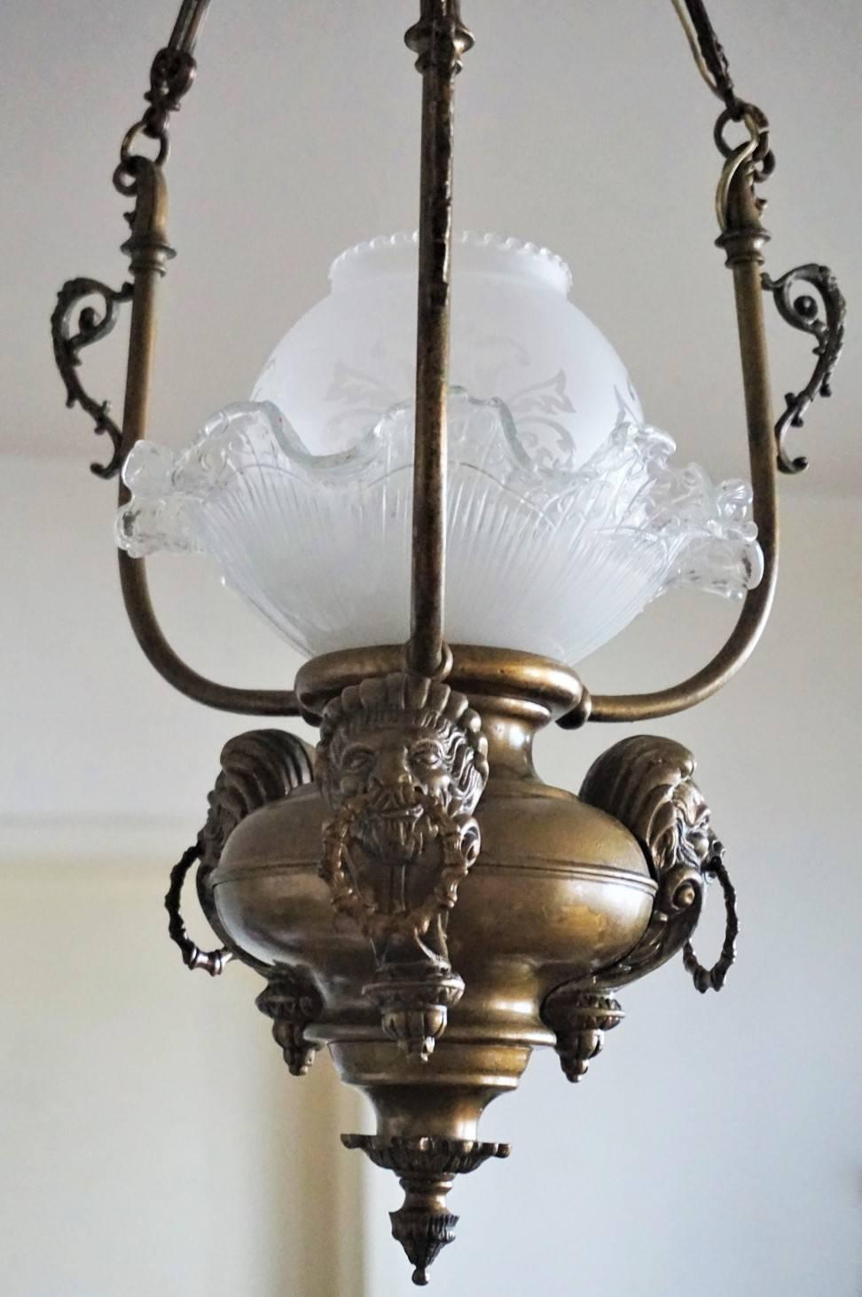 Late 19th Century French Empire-Style Brass Etched Glass Lantern, Pendant In Good Condition In Frankfurt am Main, DE